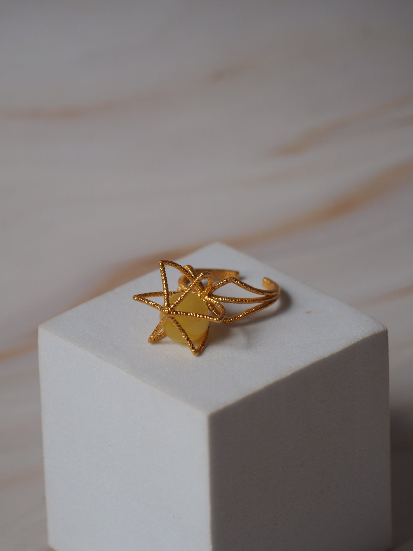 Geometric Cage Ring With Butterscotch Amber And Gold Plated Silver