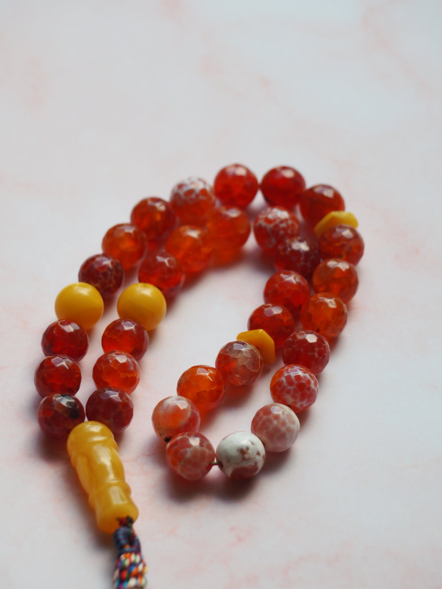 Red Frosted Carnelian and Honey Amber Tasbih 33 Beads 50g