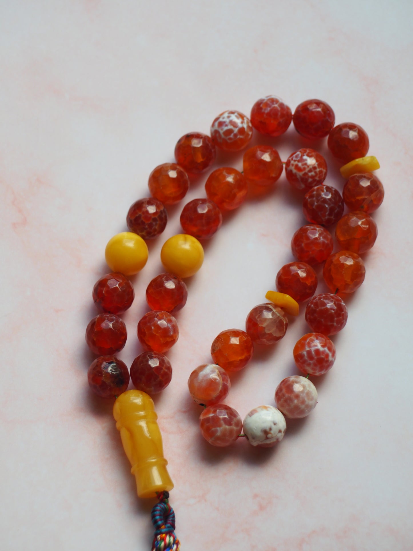 Red Frosted Carnelian and Honey Amber Tasbih 33 Beads 50g