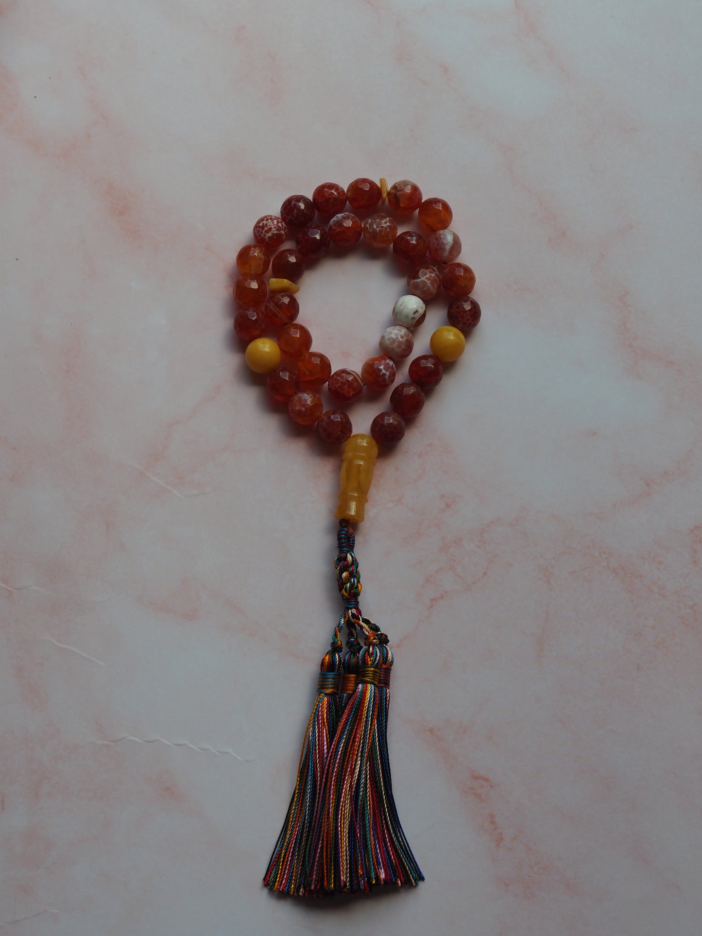 Red Frosted Carnelian and Honey Amber Tasbih 33 Beads 50g