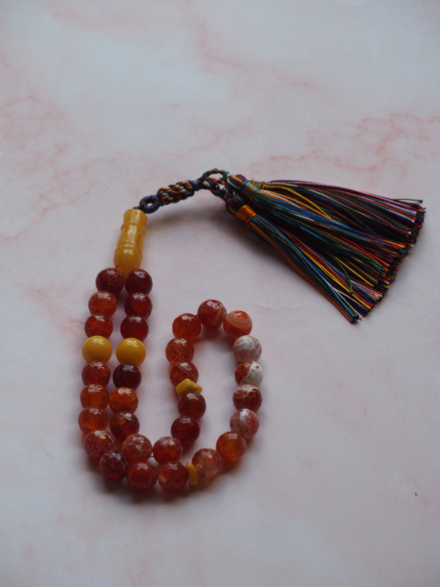 Red Frosted Carnelian and Honey Amber Tasbih 33 Beads 50g