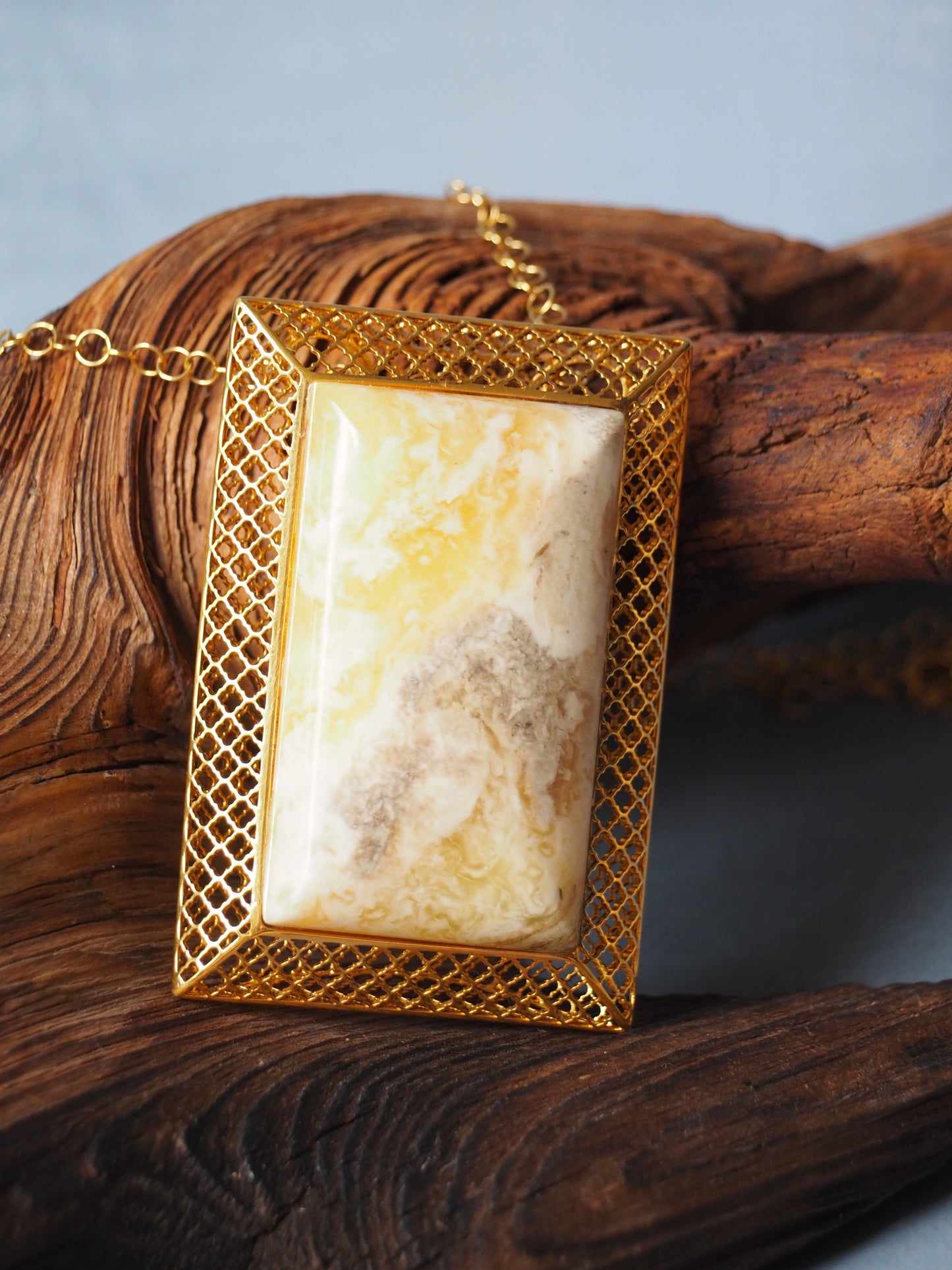 Unique Large Royal White Rectangular Amber Pendant with Gold Plated Silver Frame And Chain