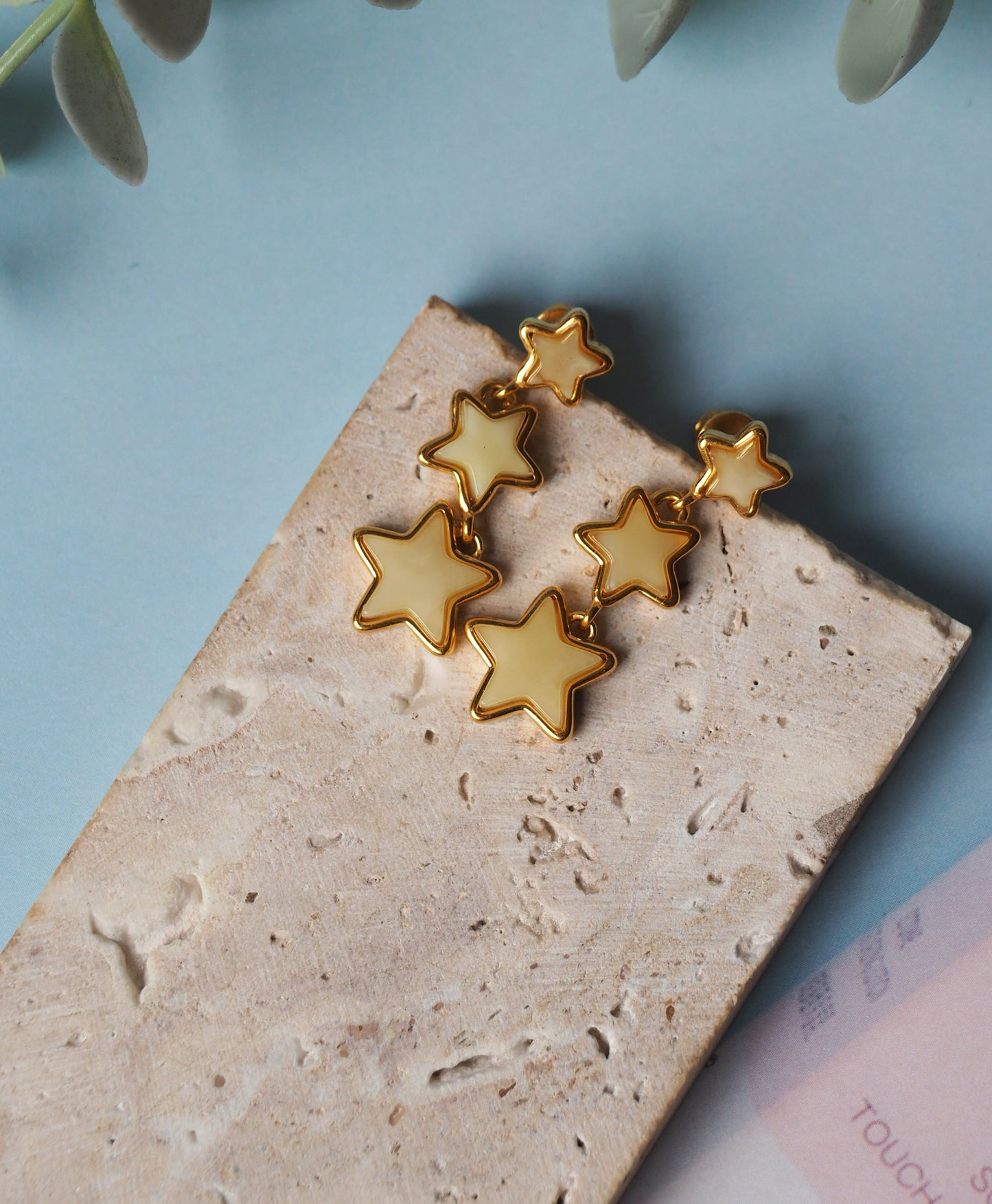 Butterscotch Studded Three Stars Amber Earrings Gold Pleated