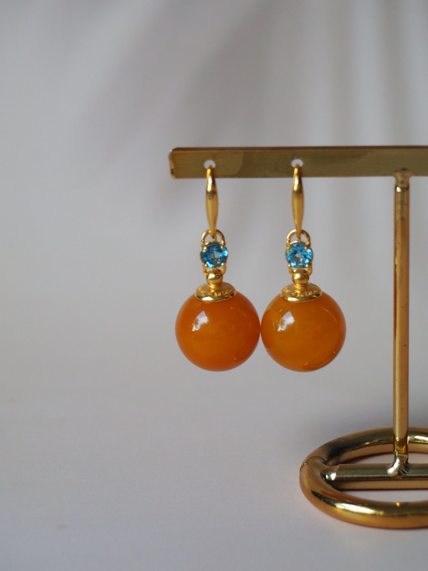Big Round Old German Dangling Earrings with Faceted Blue Topaz and Gold Plated Silver