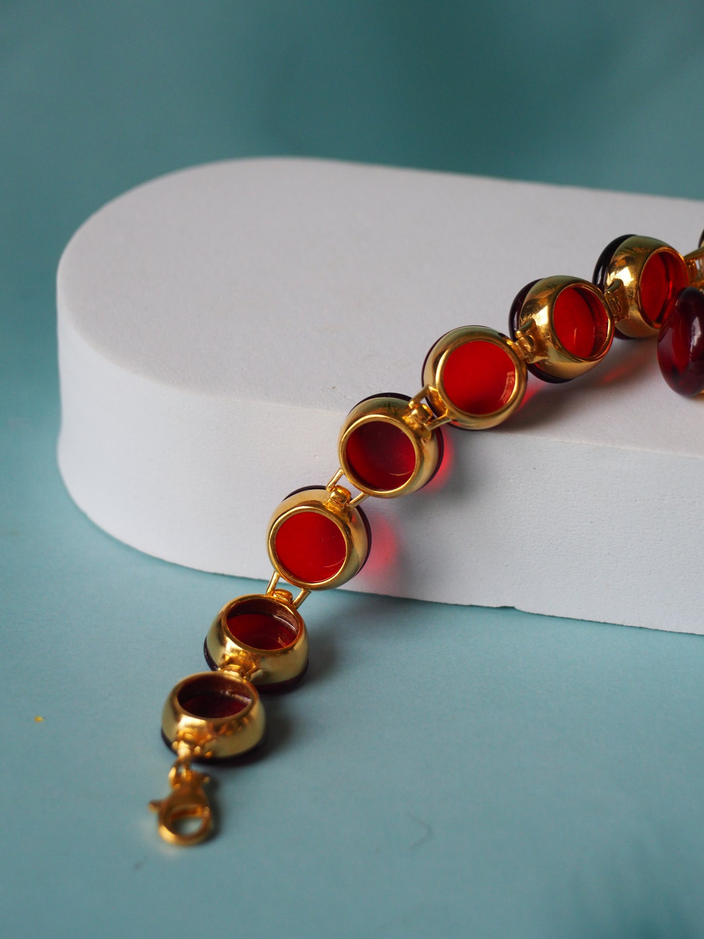 Big Round Blood/ Red Amber Bracelet in Gold Plated Silver