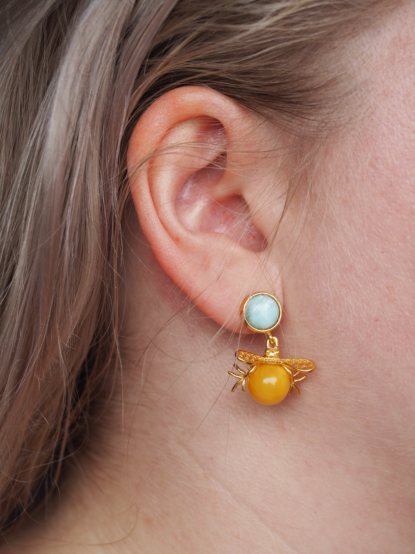 "Bee" Shape Larimar + Butterscotch Amber Earrings in Gold Plated Silver