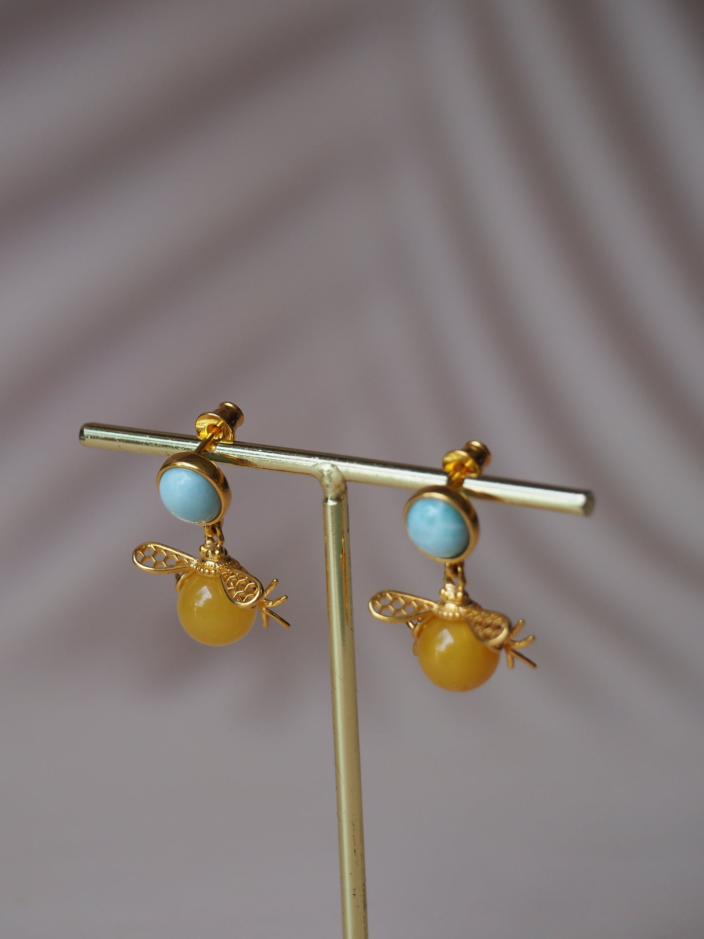 "Bee" Shape Larimar + Butterscotch Amber Earrings in Gold Plated Silver