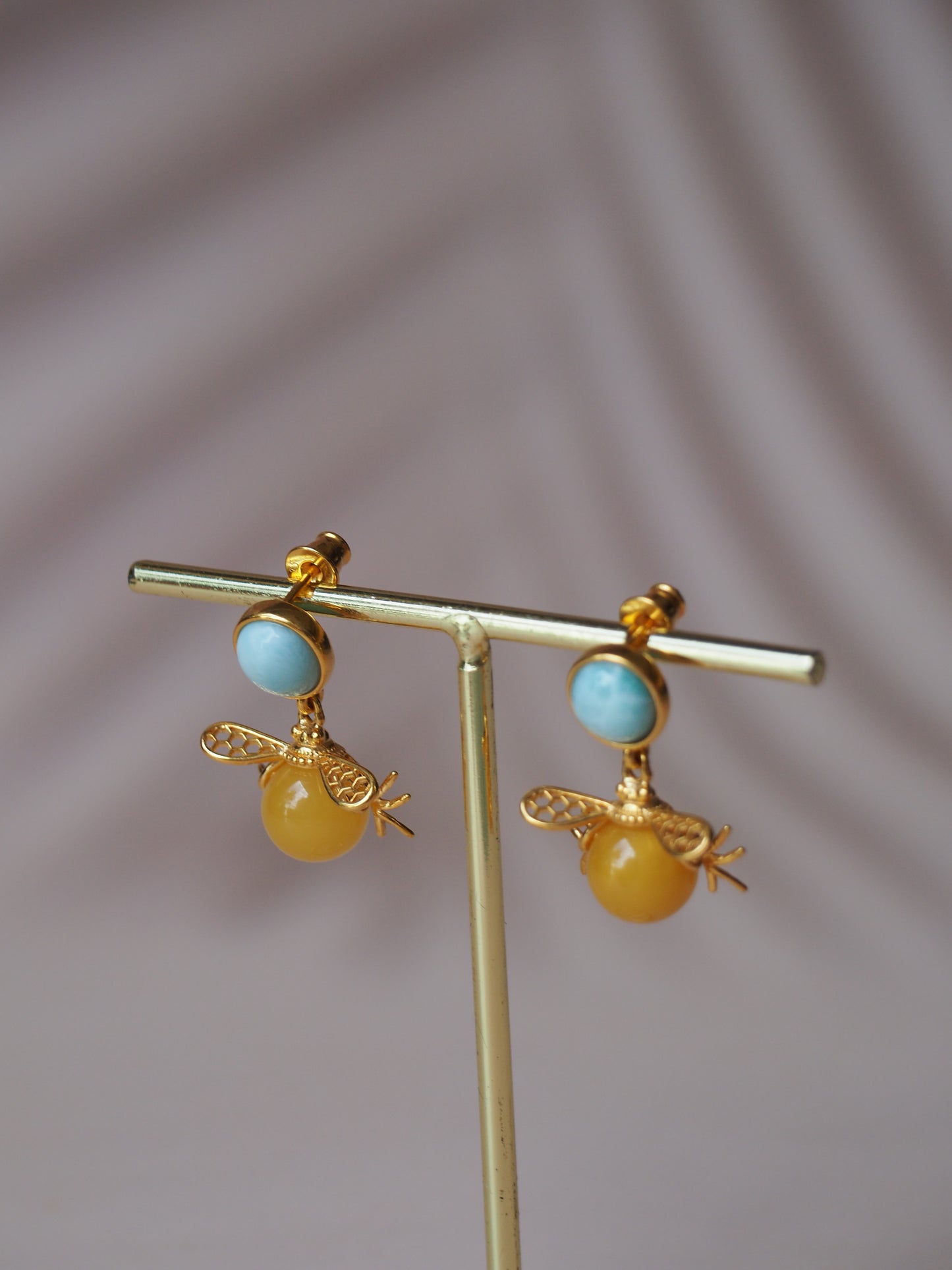 "Bee" Shape Larimar + Butterscotch Amber Earrings in Gold Plated Silver