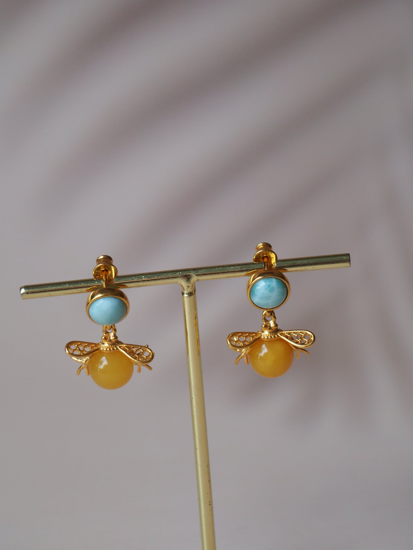 "Bee" Shape Larimar + Butterscotch Amber Earrings in Gold Plated Silver