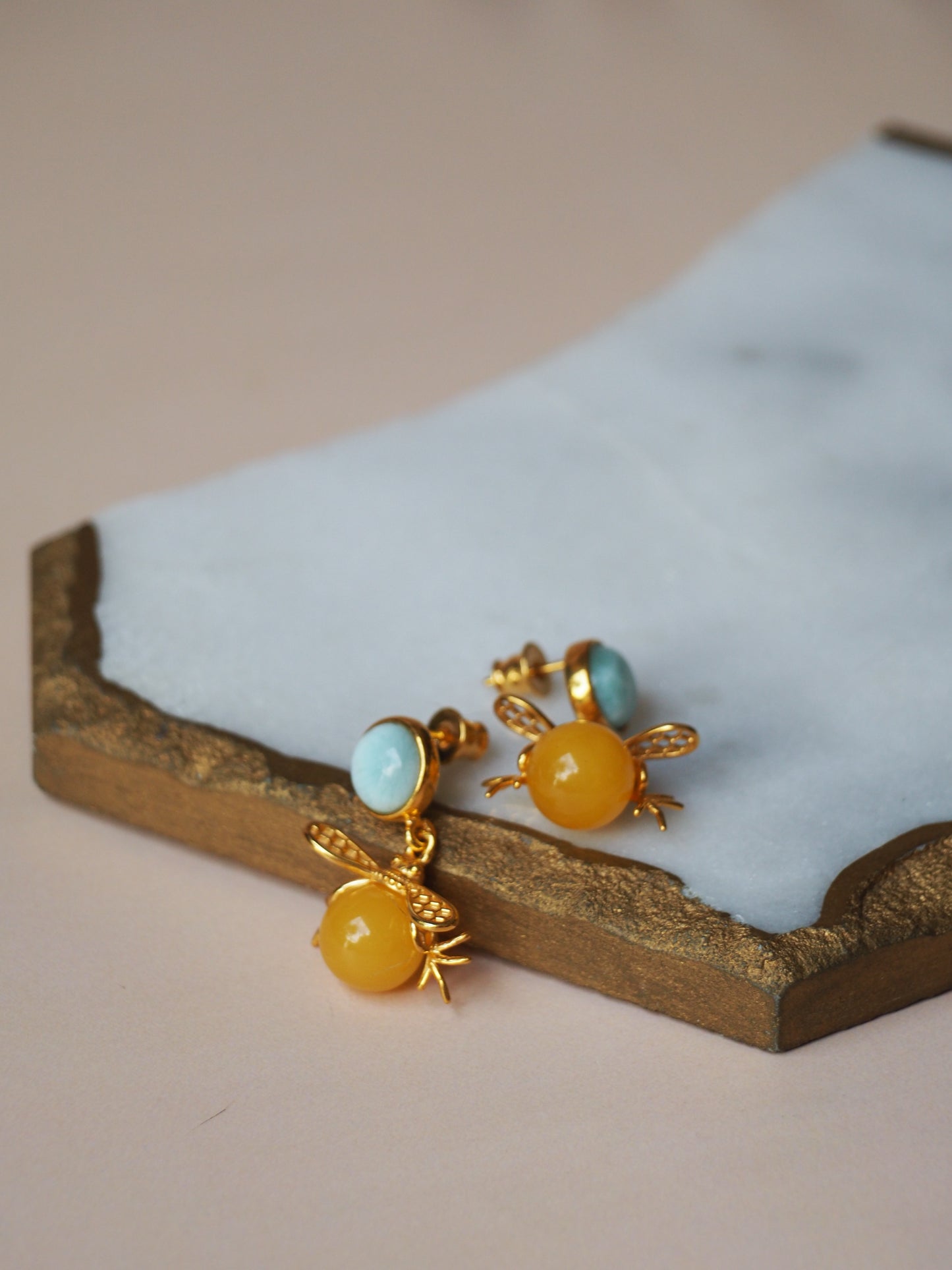 "Bee" Shape Larimar + Butterscotch Amber Earrings in Gold Plated Silver