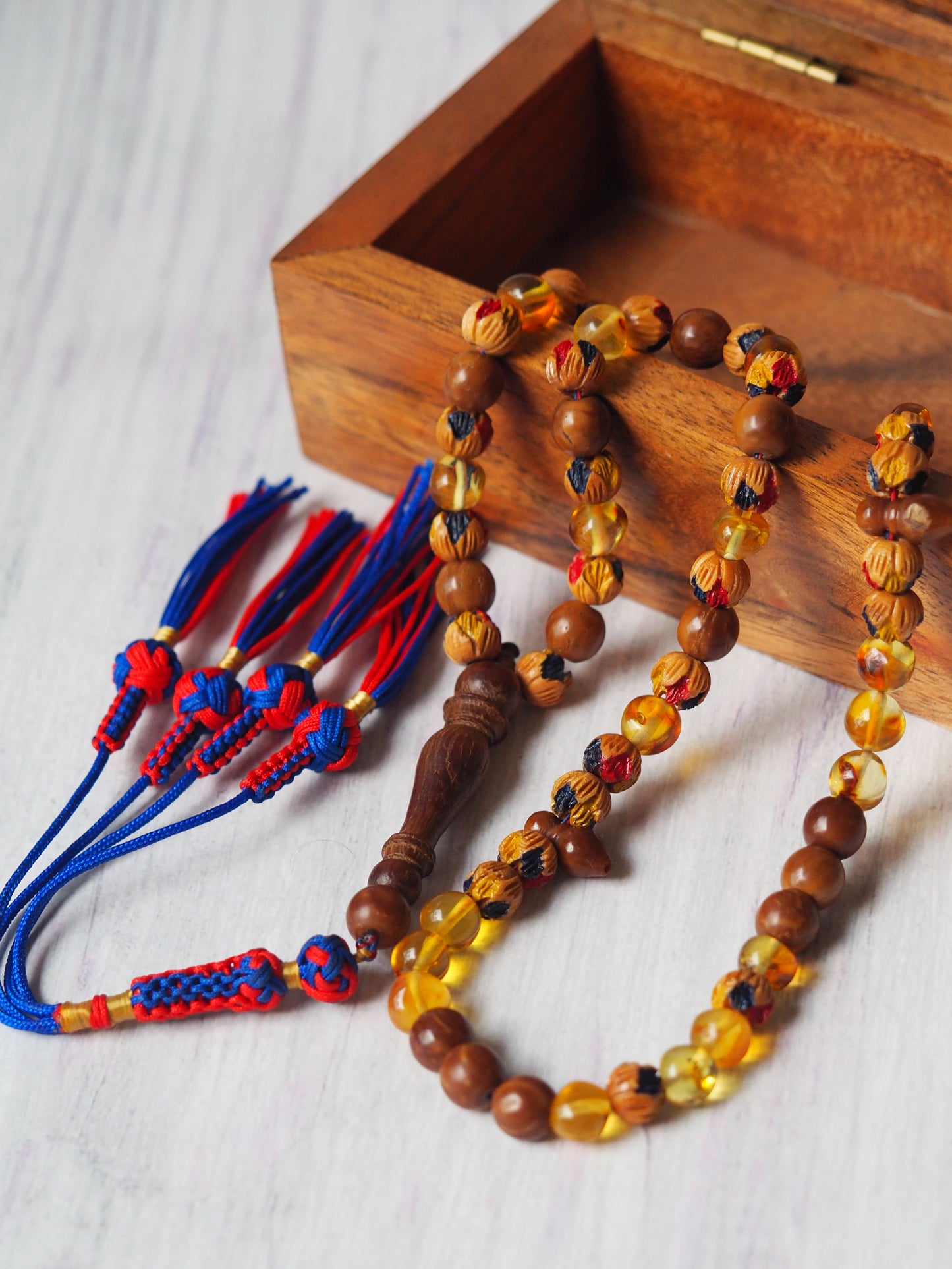 Pocket Size Carved and Painted Peach with Kokka Wood and Citron Amber Misbaha 66 Beads