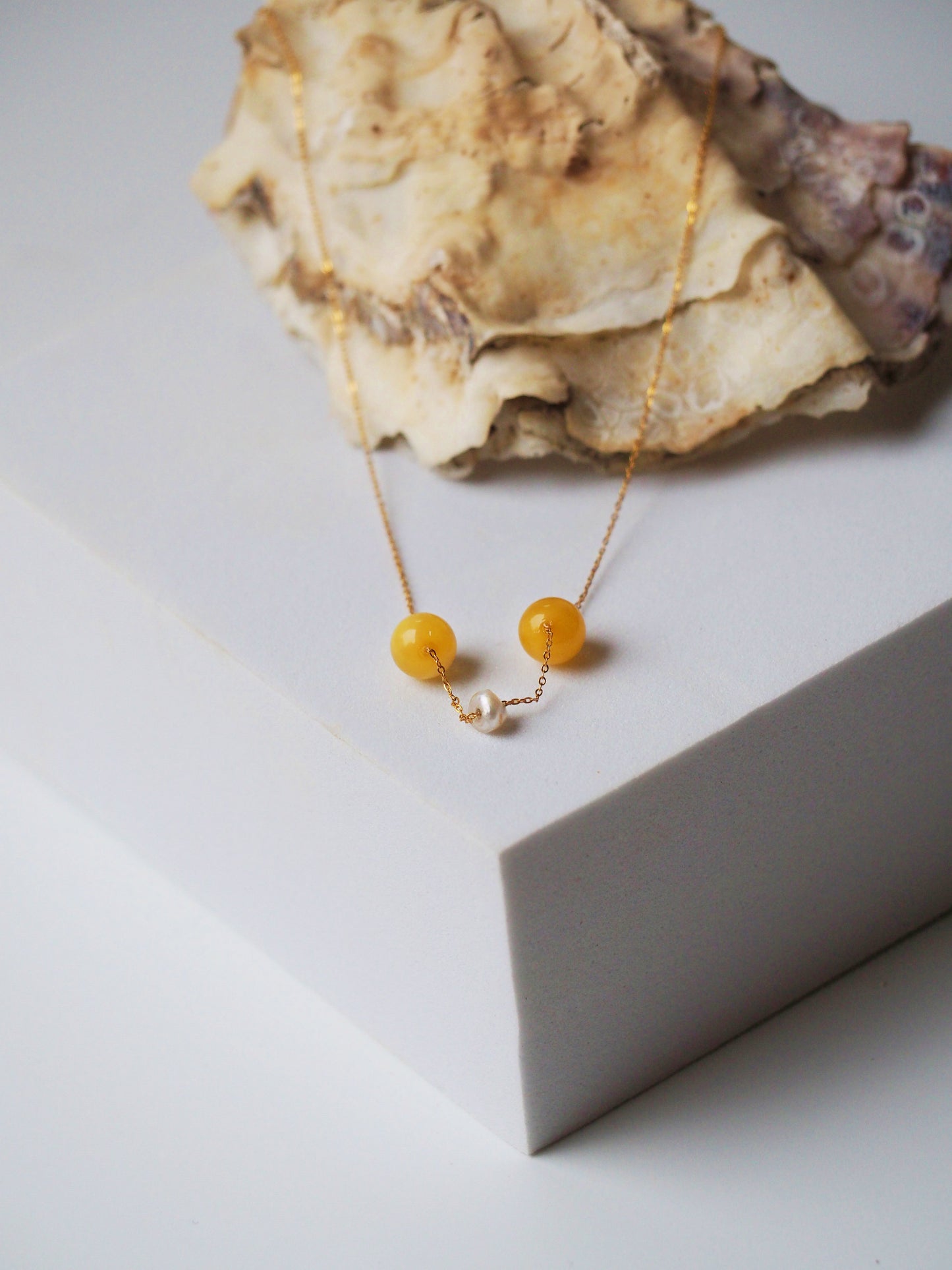 21K Gold Necklace with Natural Baltic Amber and Saltwater Bahraini Pearls + Certificate