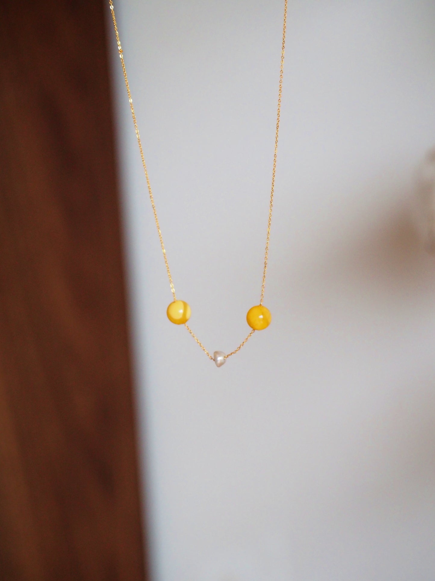 21K Gold Necklace with Natural Baltic Amber and Saltwater Bahraini Pearls + Certificate