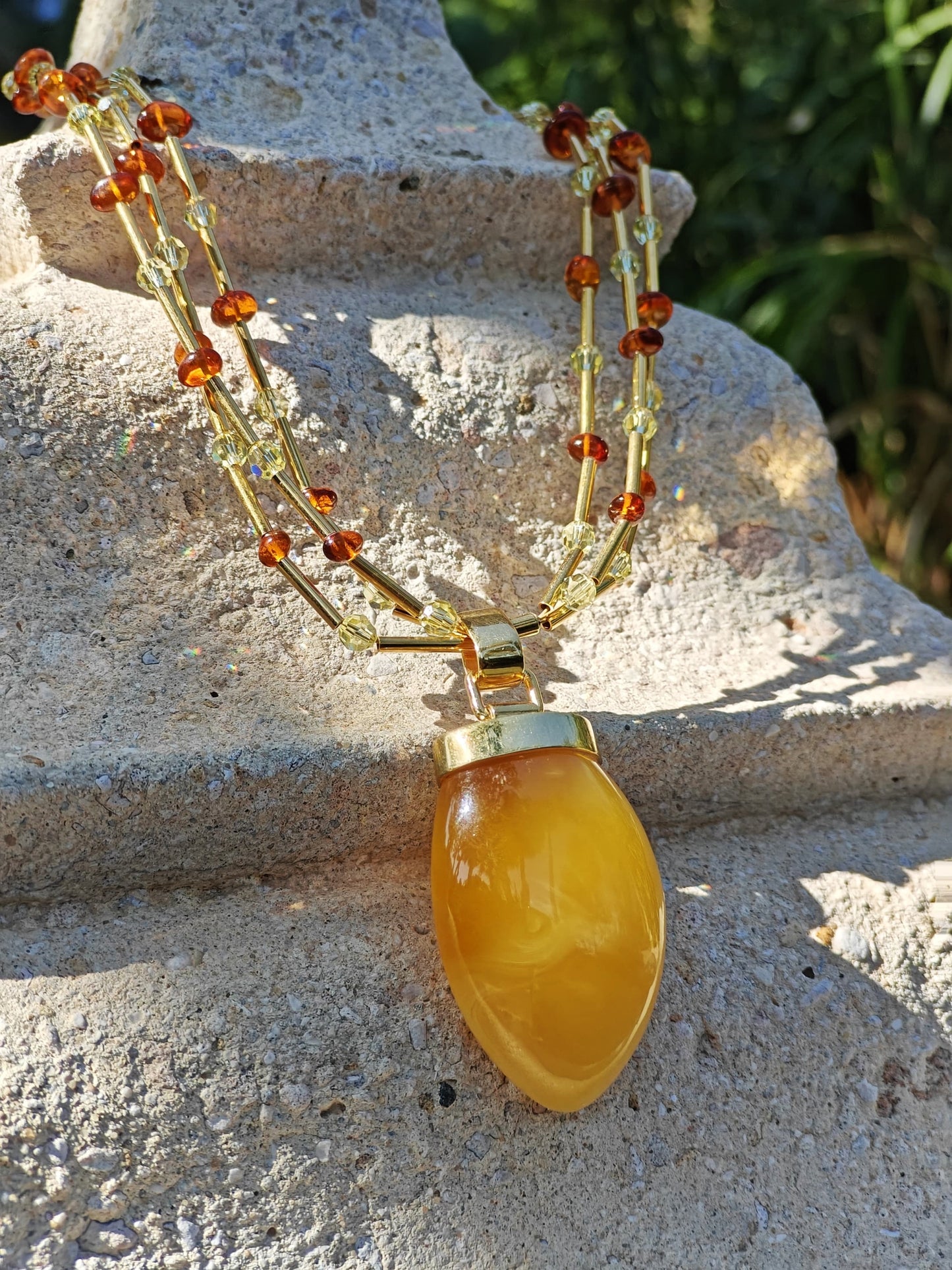 Unique Claw Shaped Butterscotch / Honey Amber Necklace With Gold Plated Silver and Swarovski Crystals