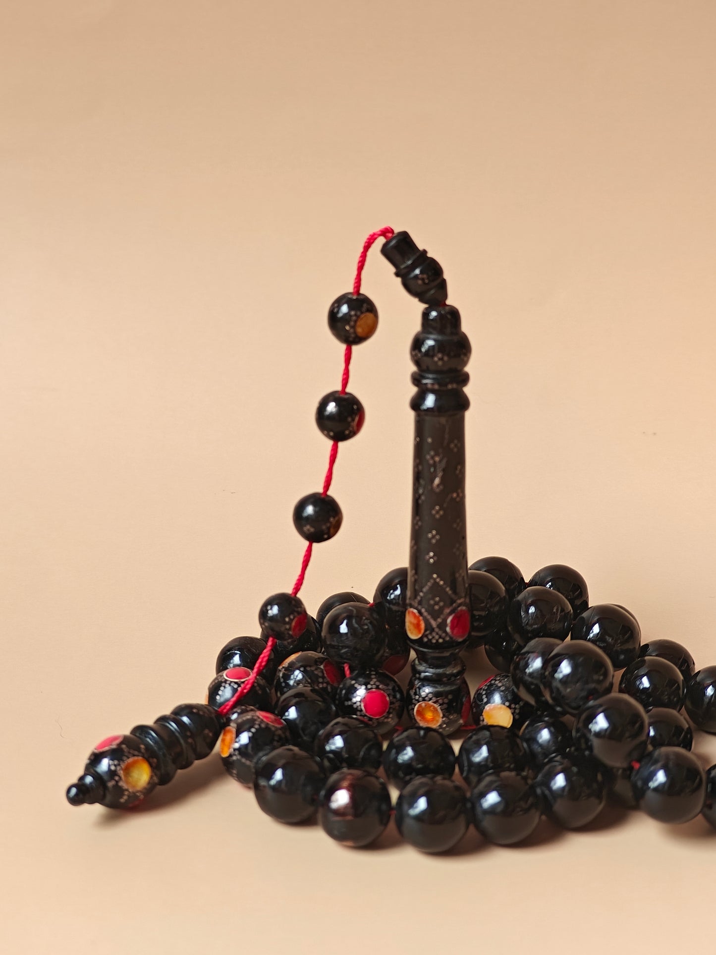 Red Sea Black Coral Rosary With Engraved Beads