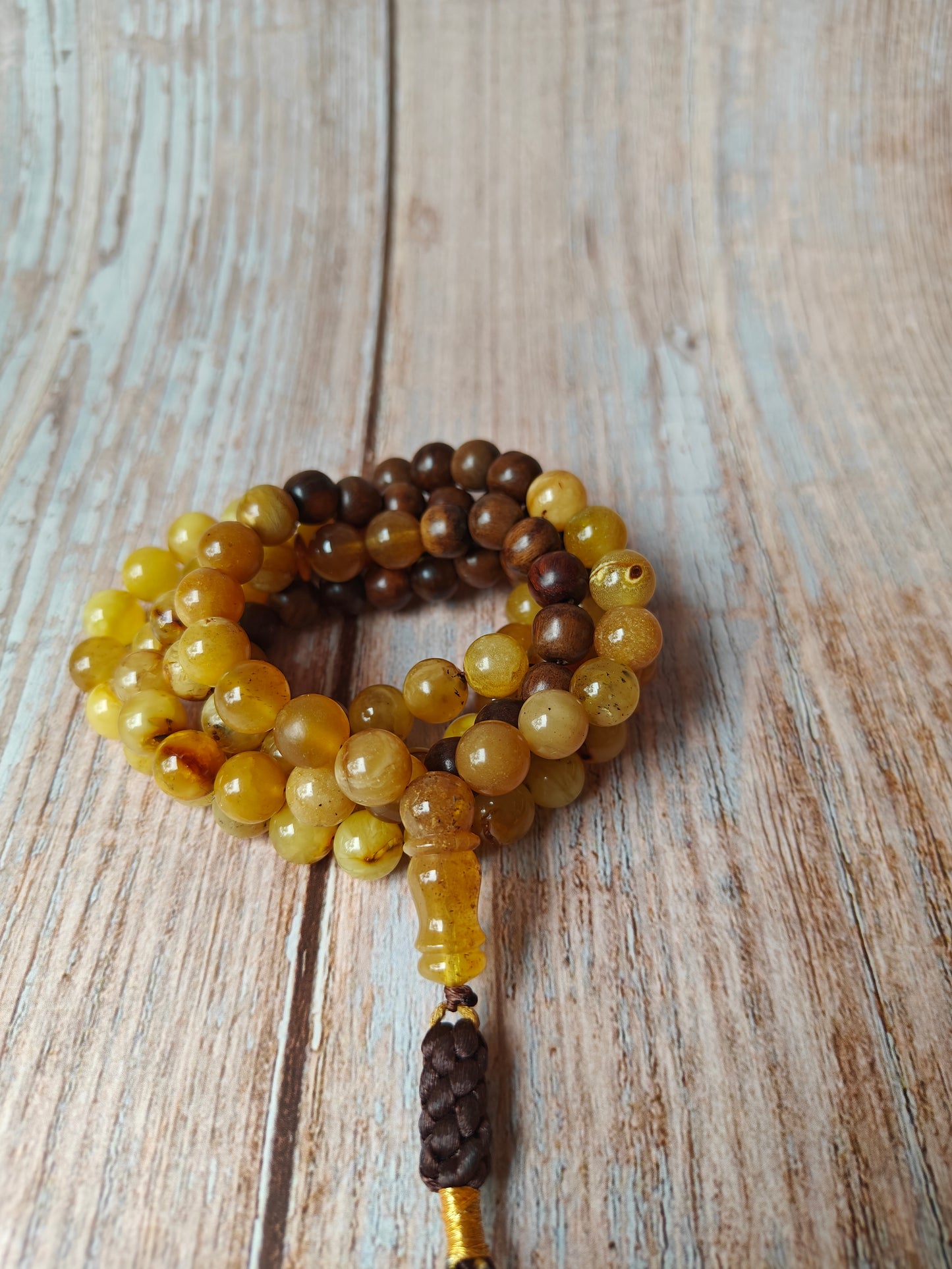 Marbled Amber and Kokka Wood Tasbih 99 Beads 9.5-10 mm