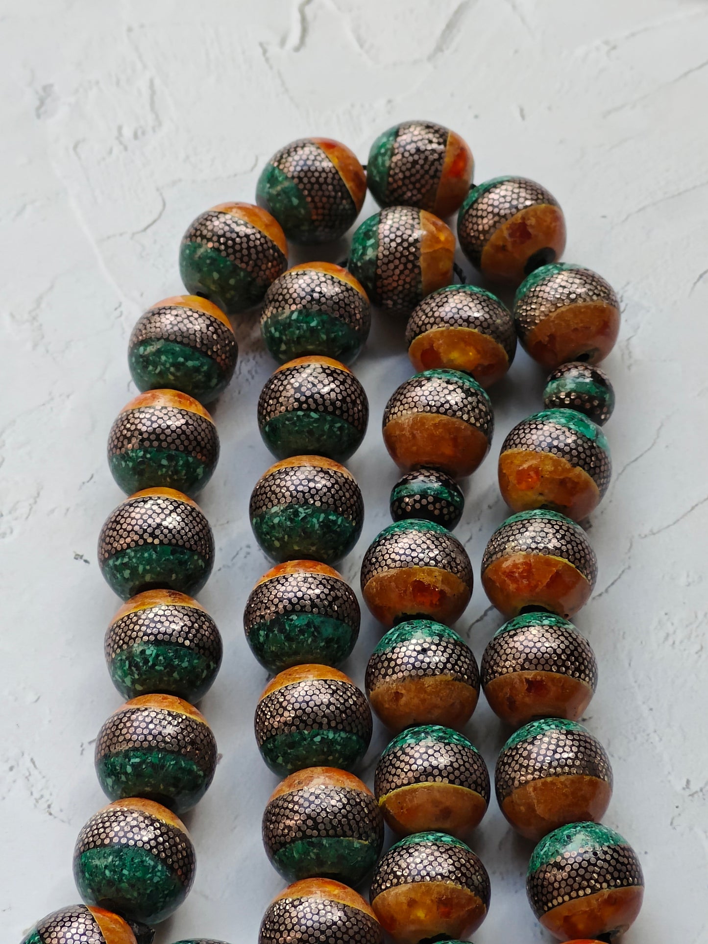 Black Coral With Amber, Malachite and Silver Engravings 33 Beads
