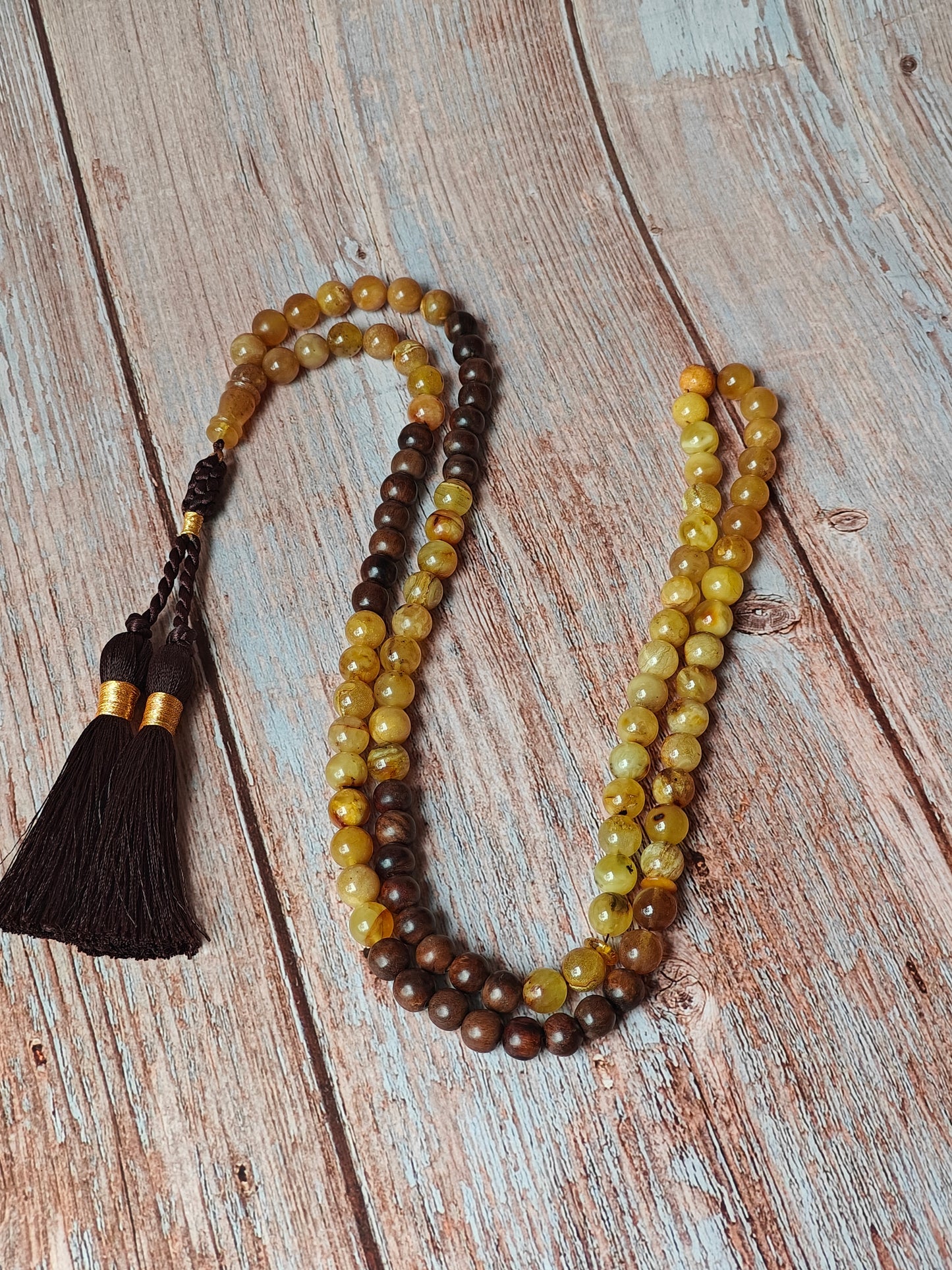 Marbled Amber and Kokka Wood Tasbih 99 Beads 9.5-10 mm
