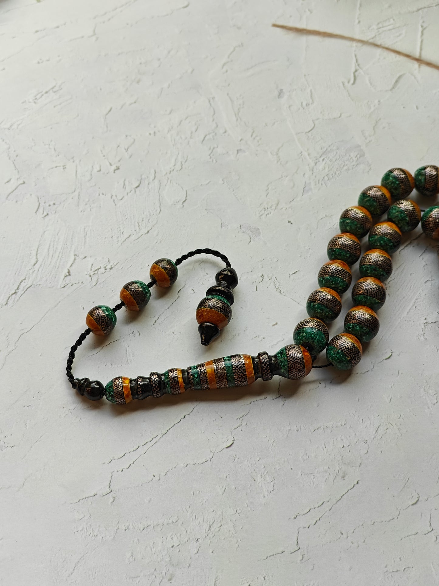 Black Coral With Amber, Malachite and Silver Engravings 33 Beads