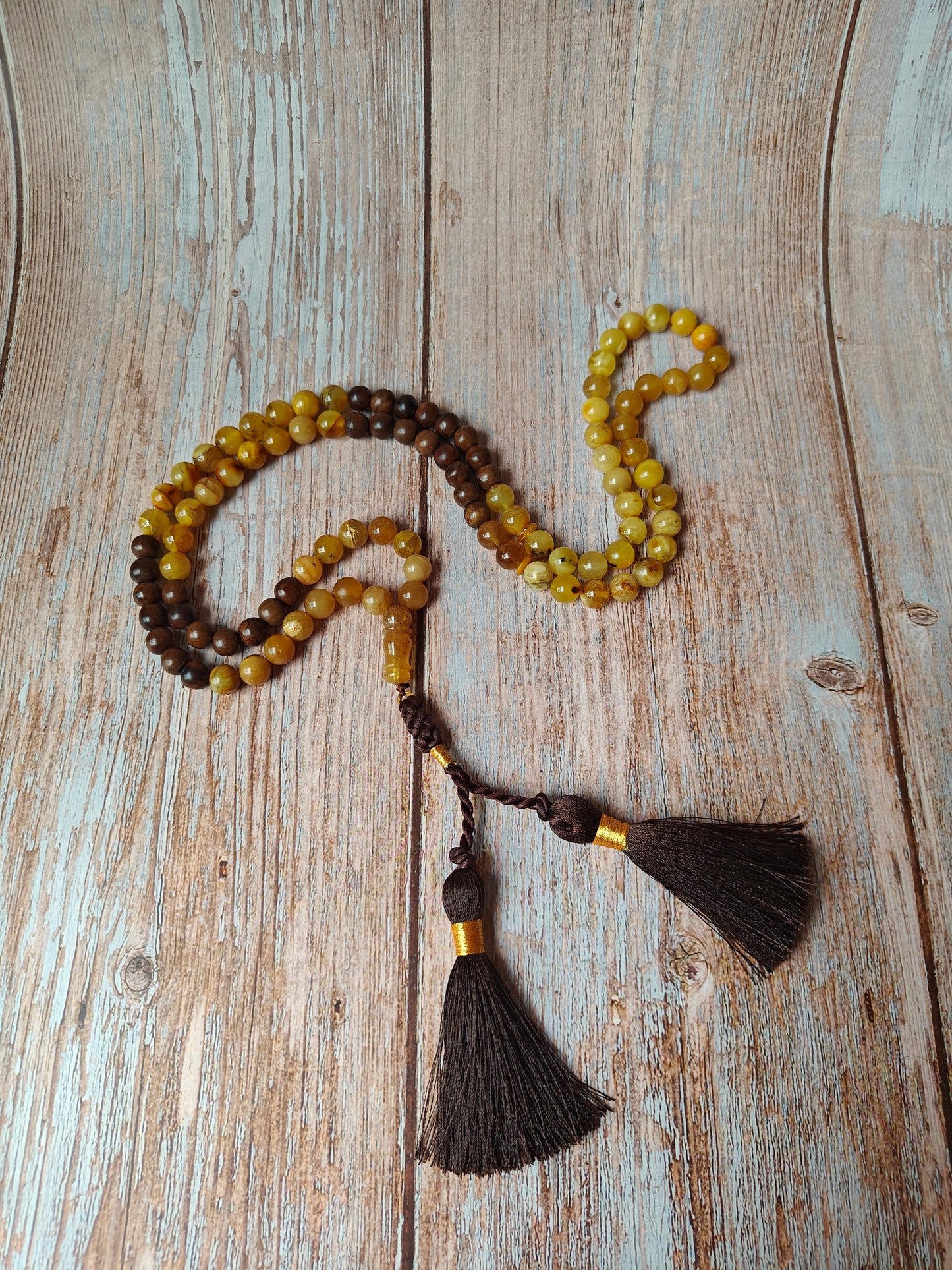 Marbled Amber and Kokka Wood Tasbih 99 Beads 9.5-10 mm