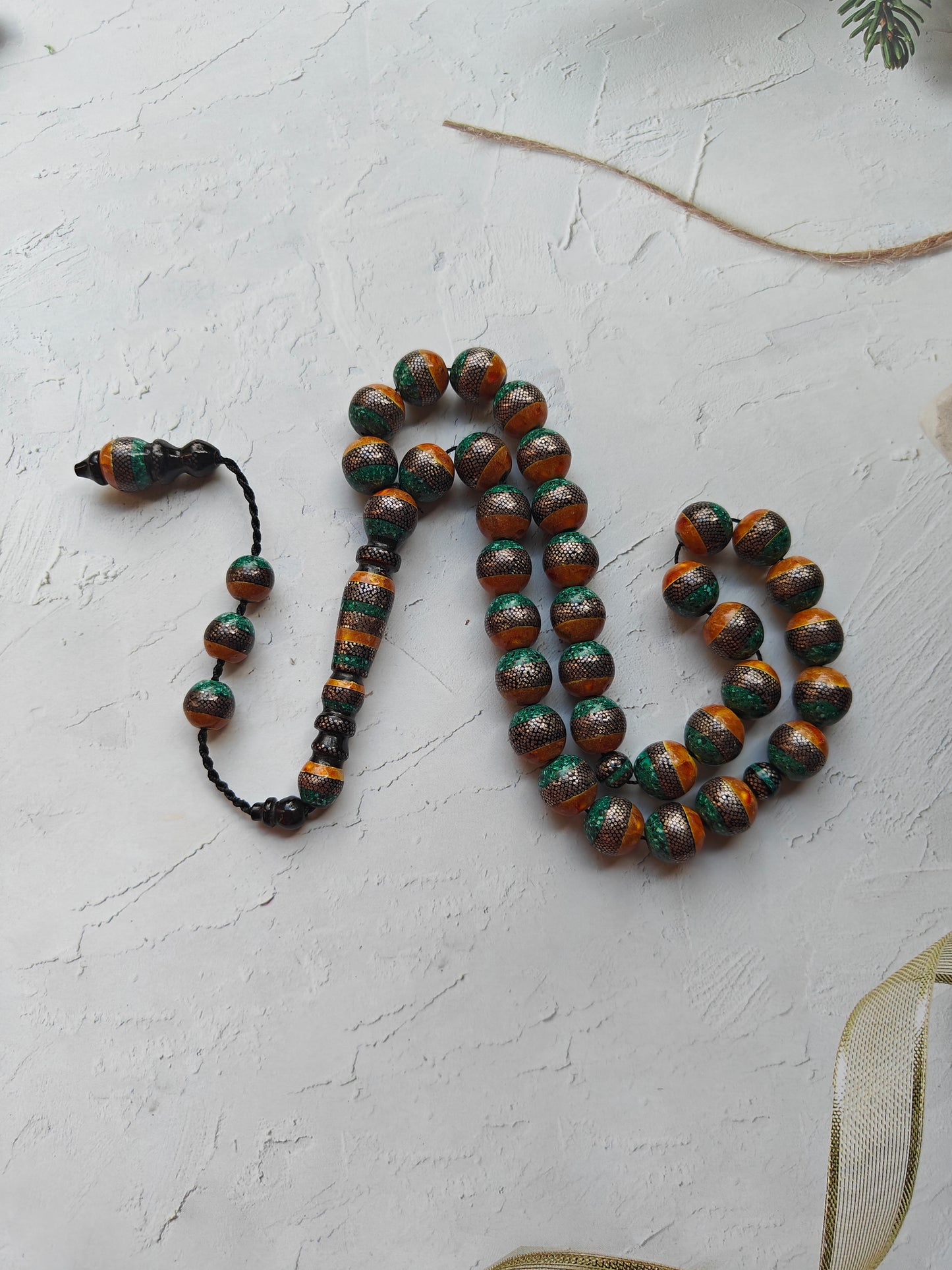 Black Coral With Amber, Malachite and Silver Engravings 33 Beads