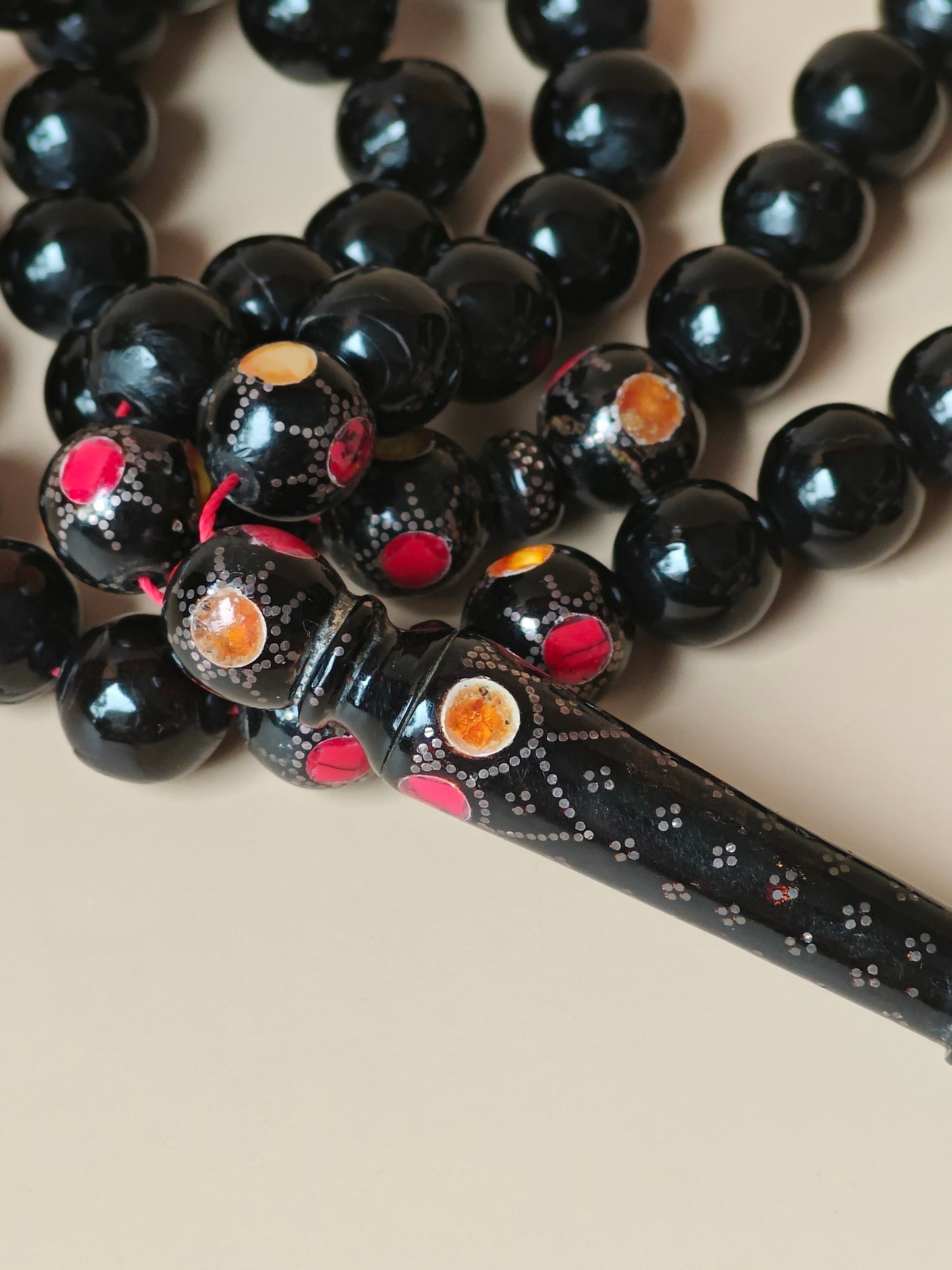Red Sea Black Coral Rosary With Engraved Beads