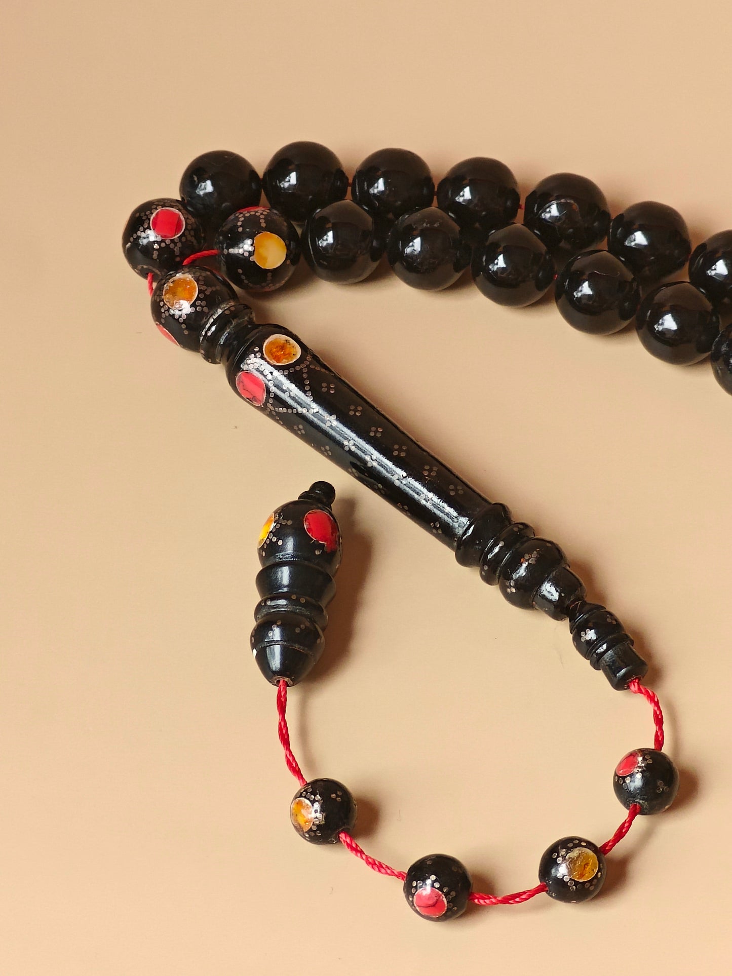 Red Sea Black Coral Rosary With Engraved Beads