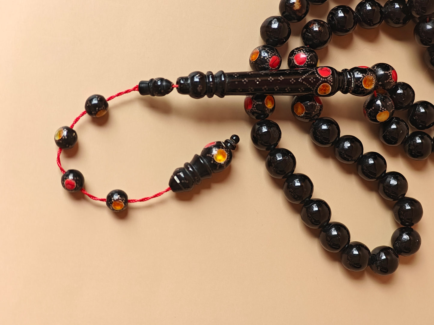 Red Sea Black Coral Rosary With Engraved Beads