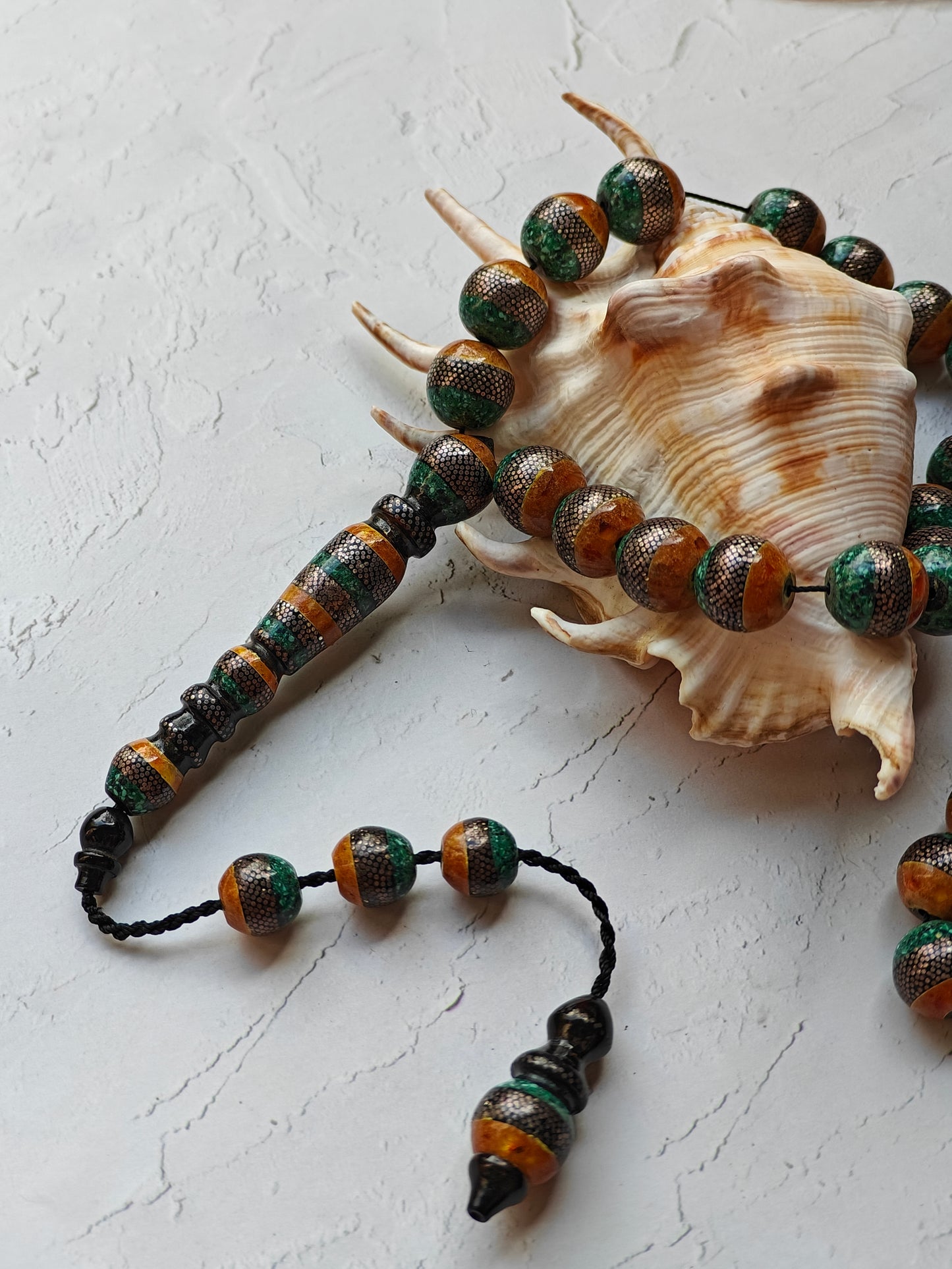 Black Coral With Amber, Malachite and Silver Engravings 33 Beads