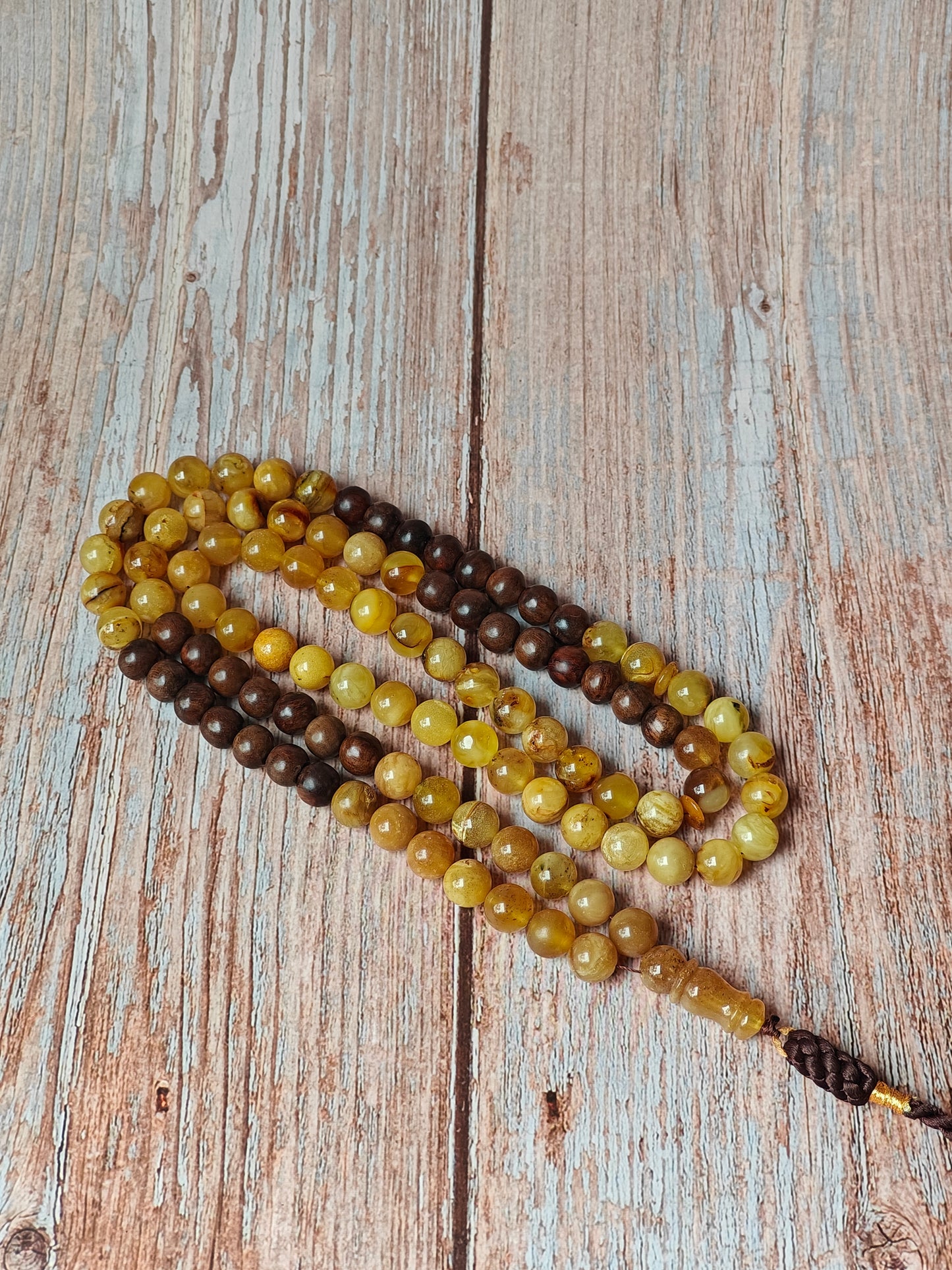 Marbled Amber and Kokka Wood Tasbih 99 Beads 9.5-10 mm