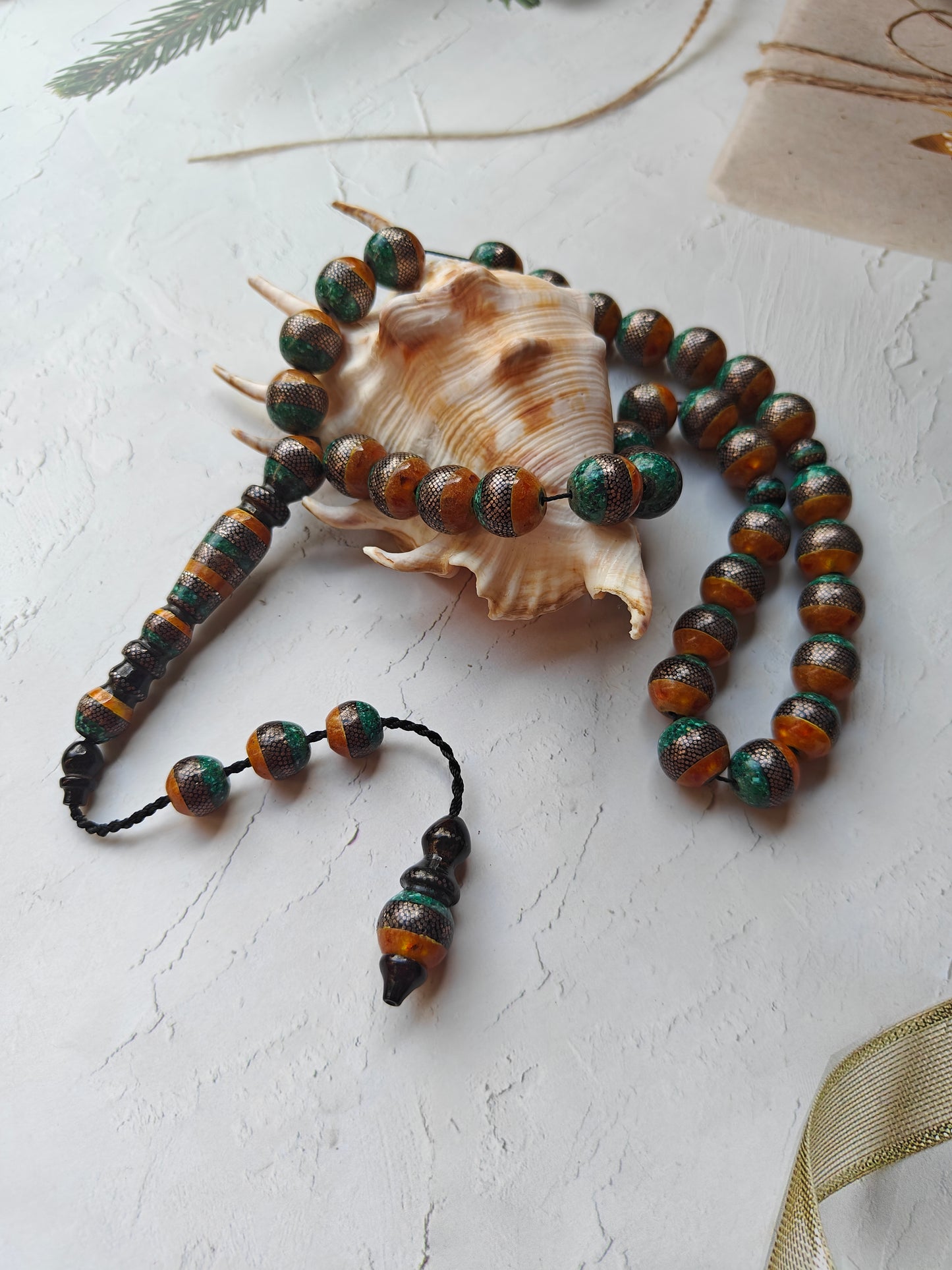 Black Coral With Amber, Malachite and Silver Engravings 33 Beads