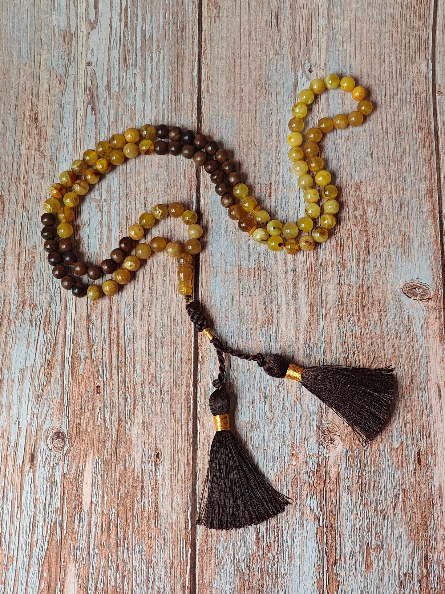 Marbled Amber and Kokka Wood Tasbih 99 Beads 9.5-10 mm