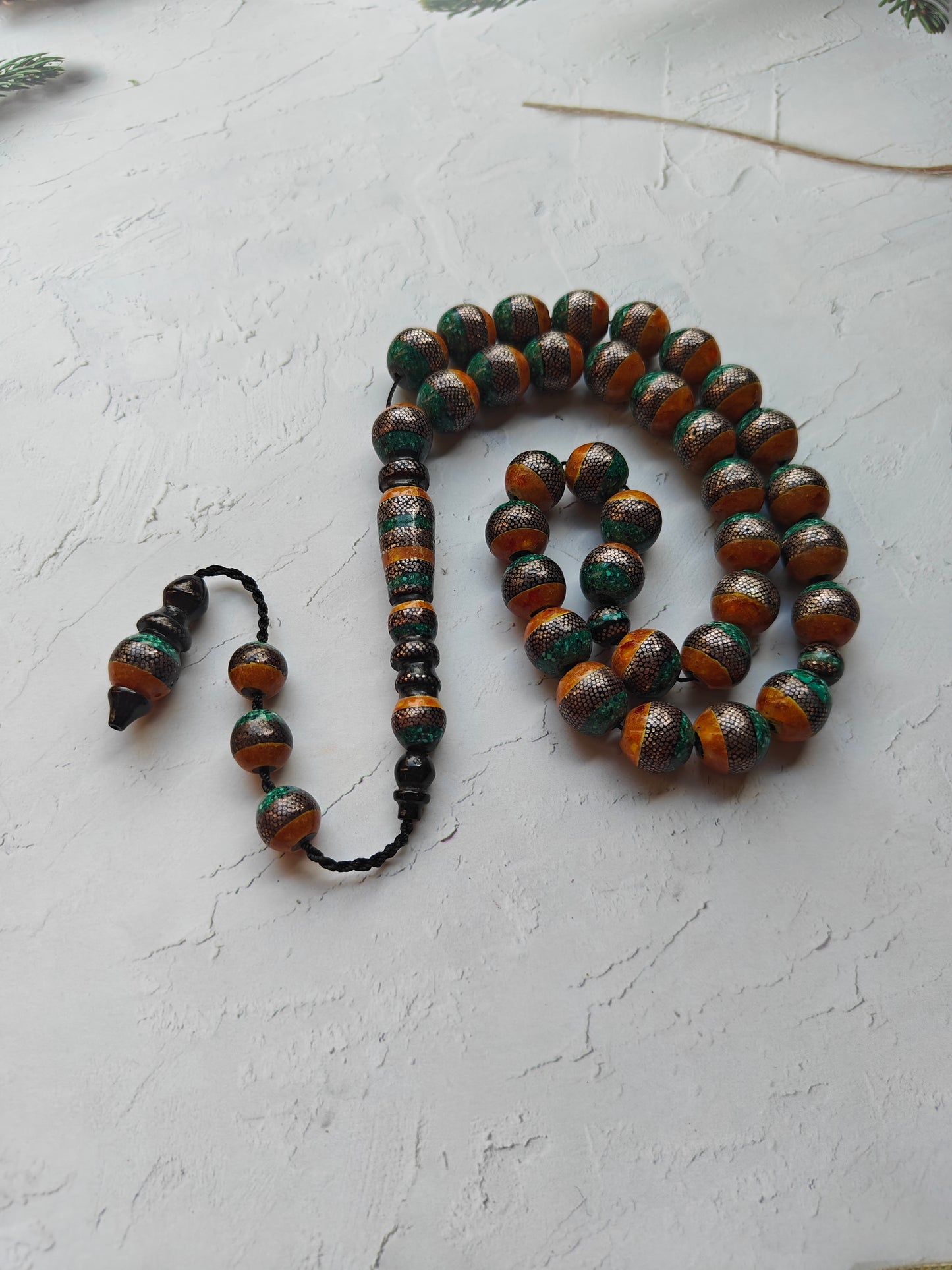 Black Coral With Amber, Malachite and Silver Engravings 33 Beads