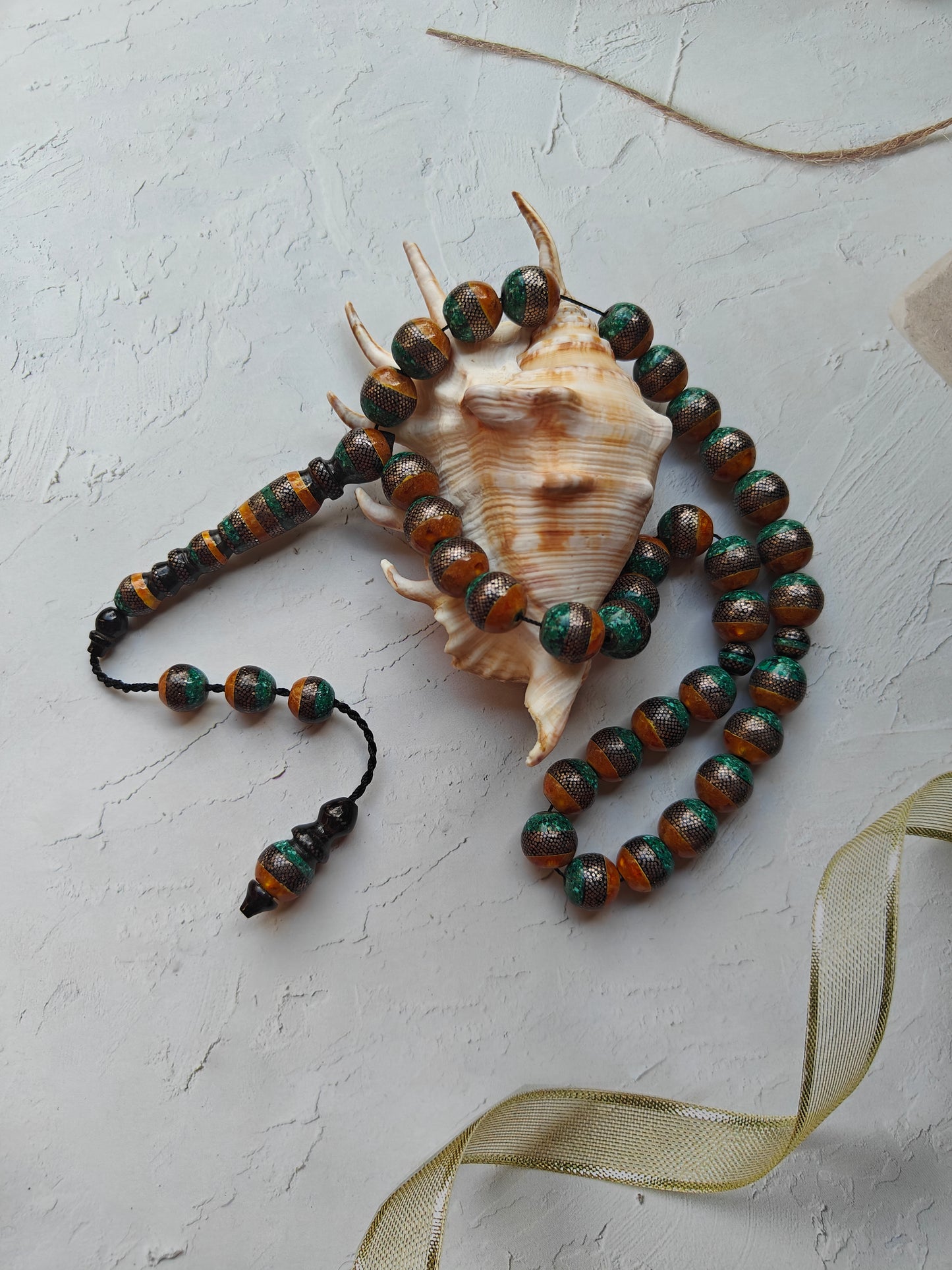 Black Coral With Amber, Malachite and Silver Engravings 33 Beads