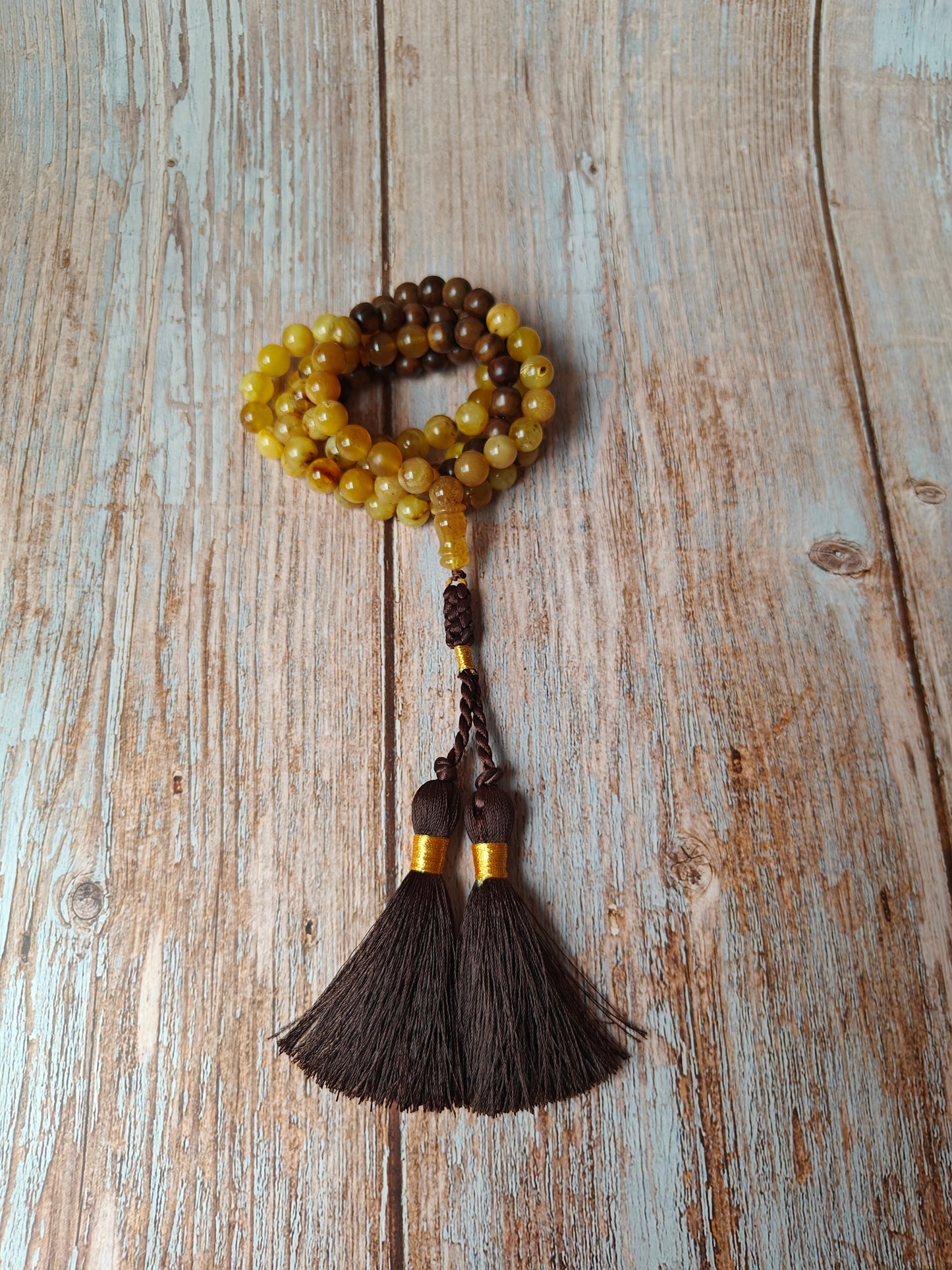 Marbled Amber and Kokka Wood Tasbih 99 Beads 9.5-10 mm