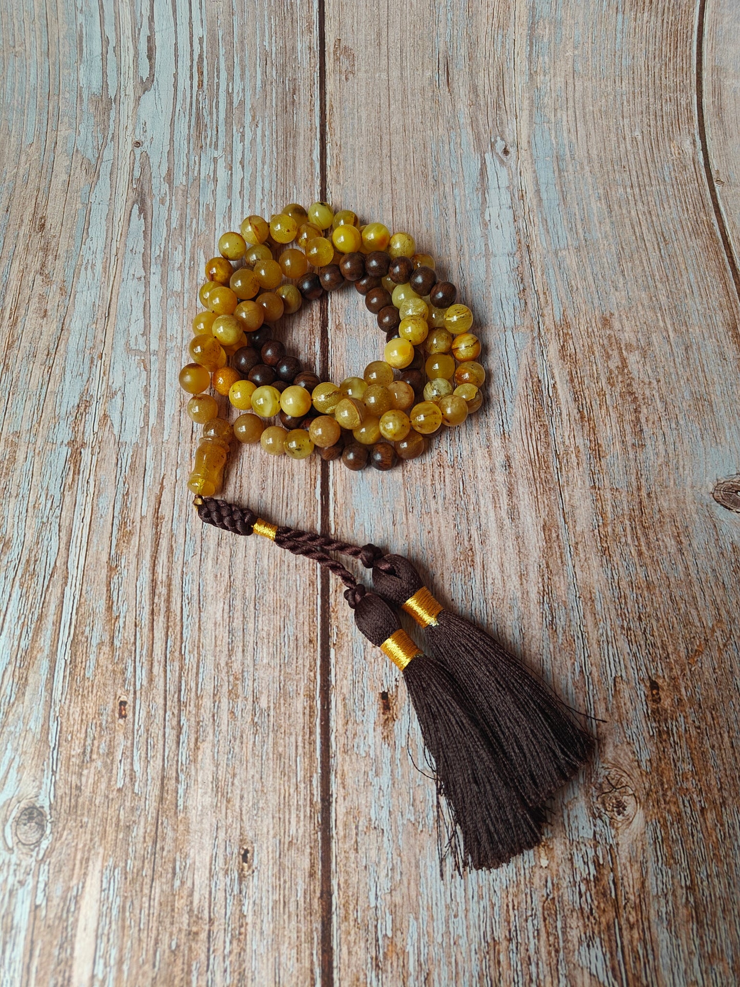 Marbled Amber and Kokka Wood Tasbih 99 Beads 9.5-10 mm