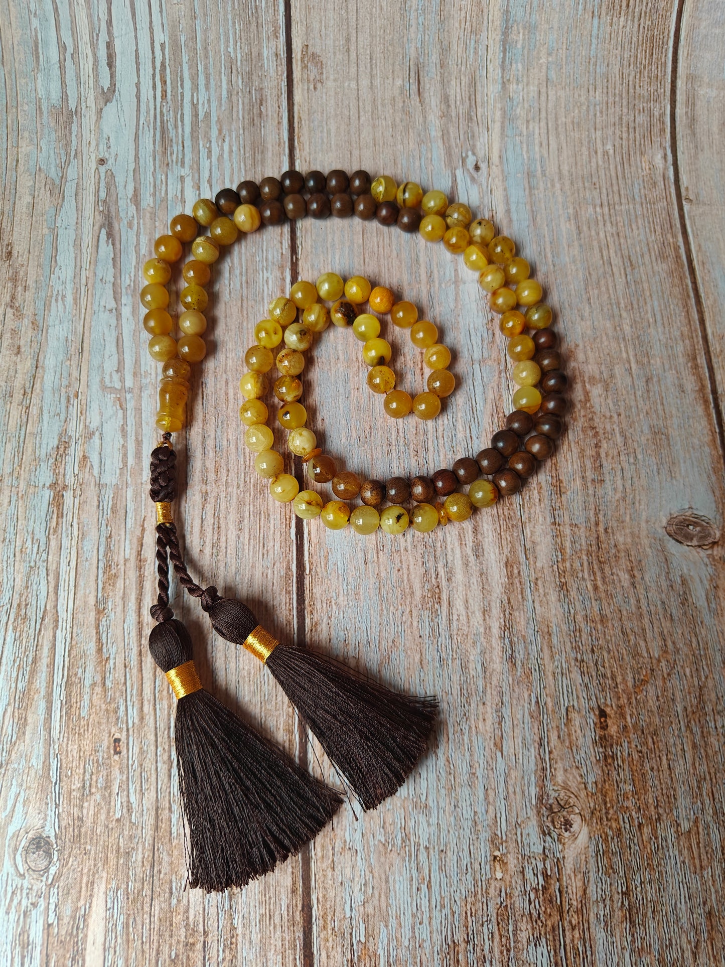 Marbled Amber and Kokka Wood Tasbih 99 Beads 9.5-10 mm