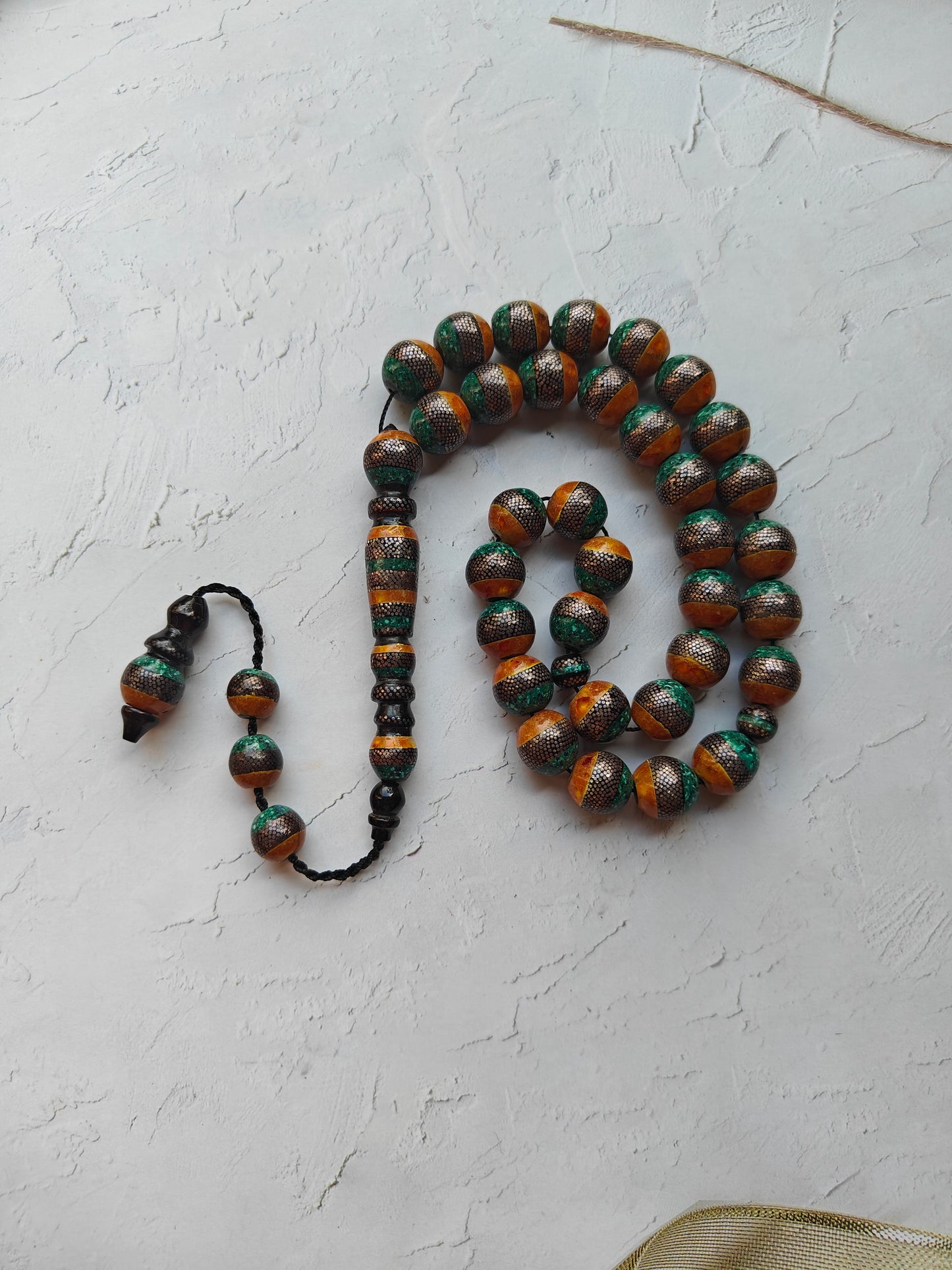 Black Coral With Amber, Malachite and Silver Engravings 33 Beads