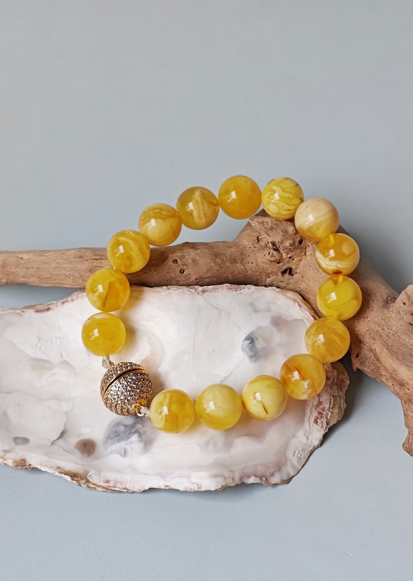 Royal White / Butterscotch Natural Amber Beaded Bracelet with Metal Magnetic Closure