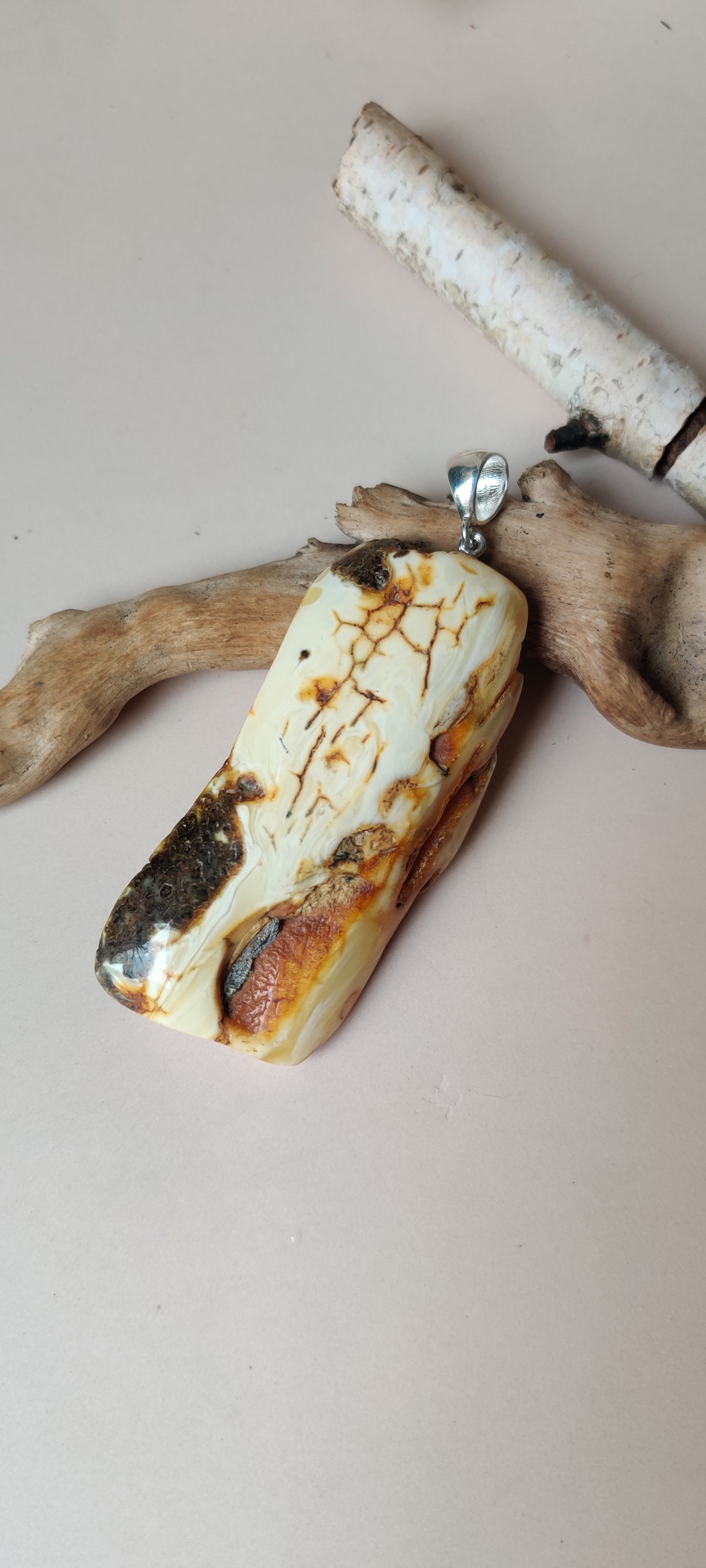 Unique and Rare Big Natural White Amber Pendant + Silver 925