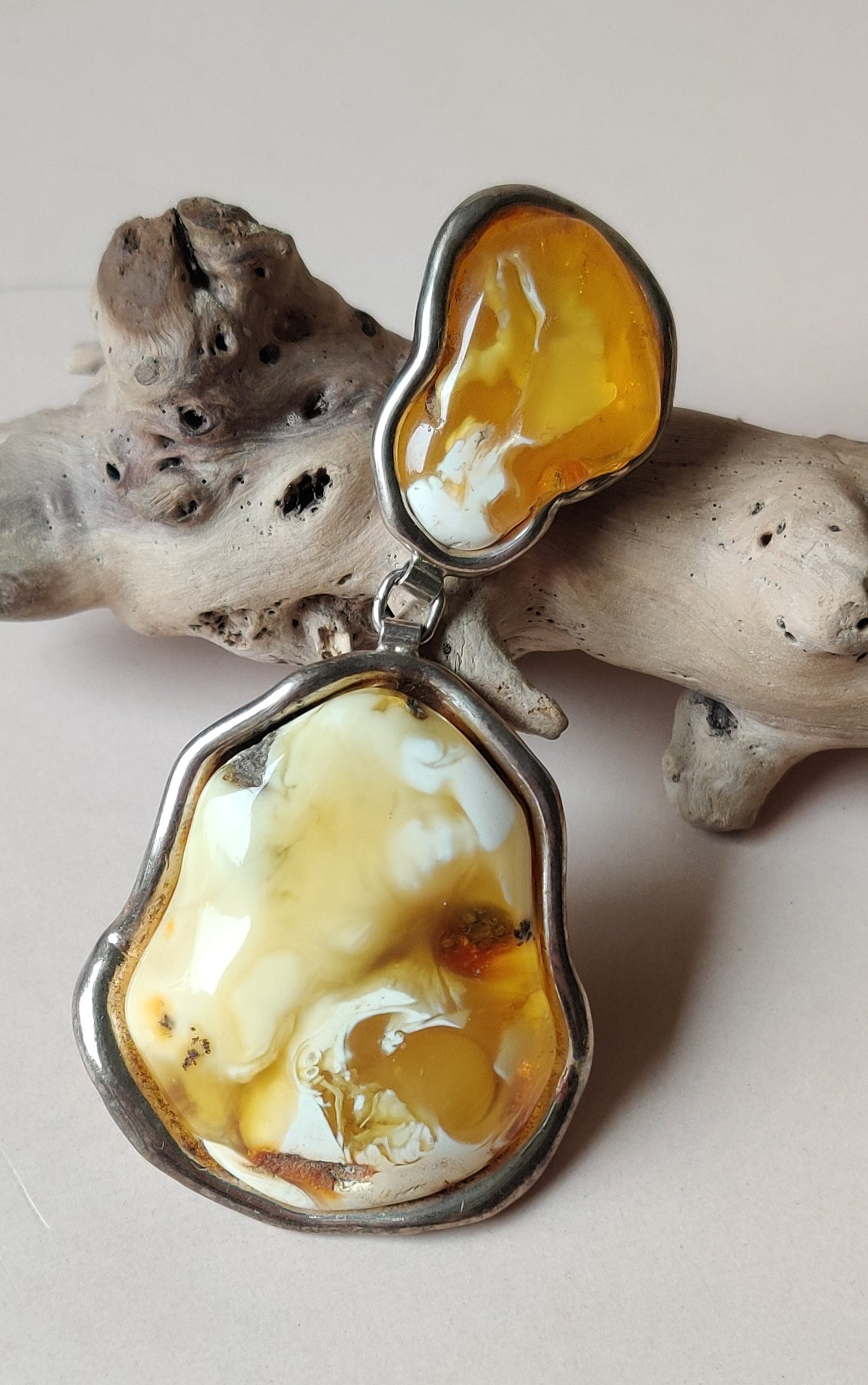 Huge Unique Natural Royal White/ Honey Amber Handmade Pendant in Silver