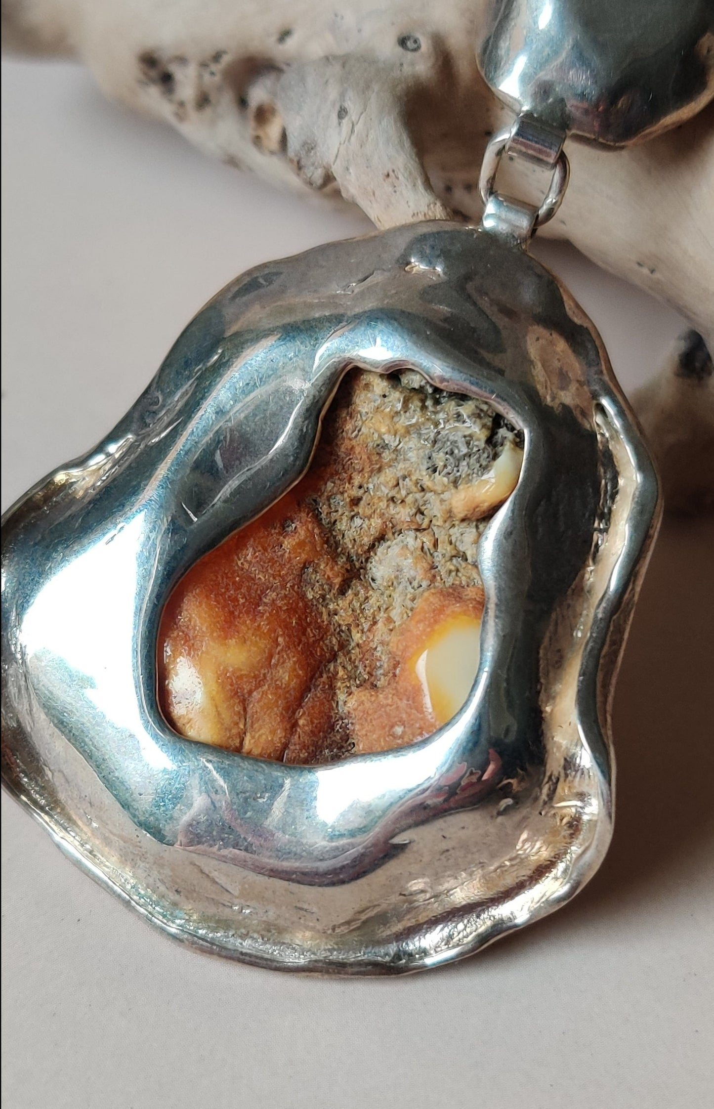 Huge Unique Natural Royal White/ Honey Amber Handmade Pendant in Silver