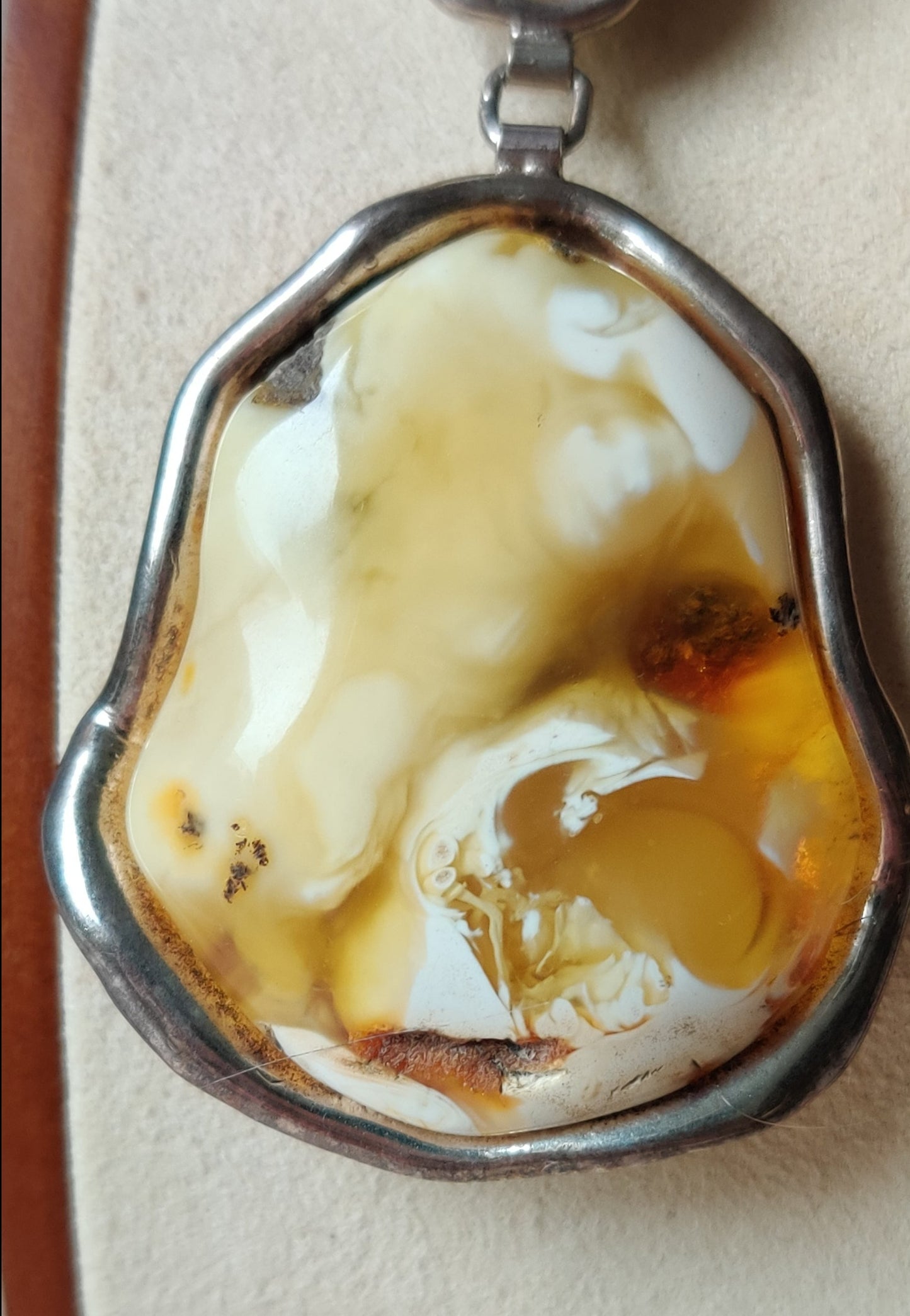 Huge Unique Natural Royal White/ Honey Amber Handmade Pendant in Silver