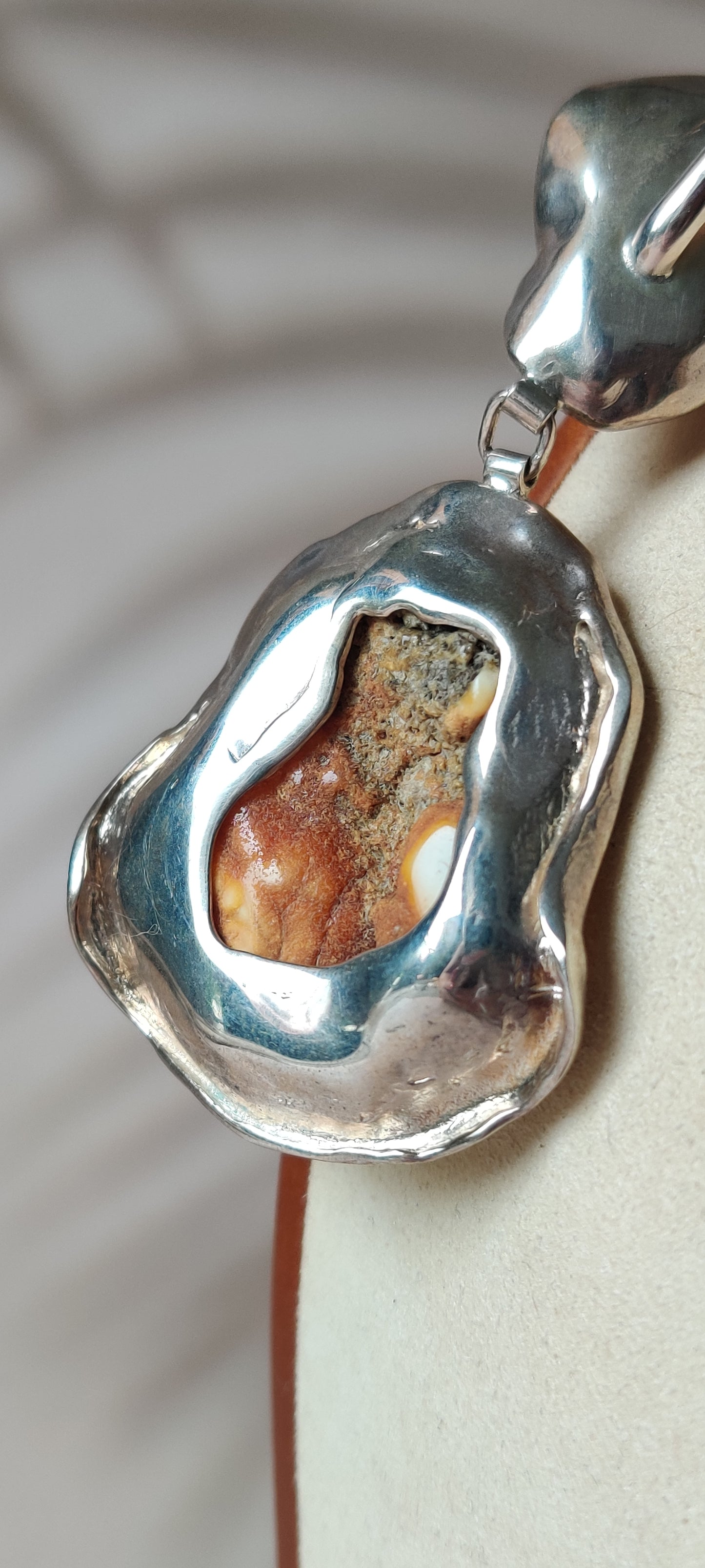 Huge Unique Natural Royal White/ Honey Amber Handmade Pendant in Silver