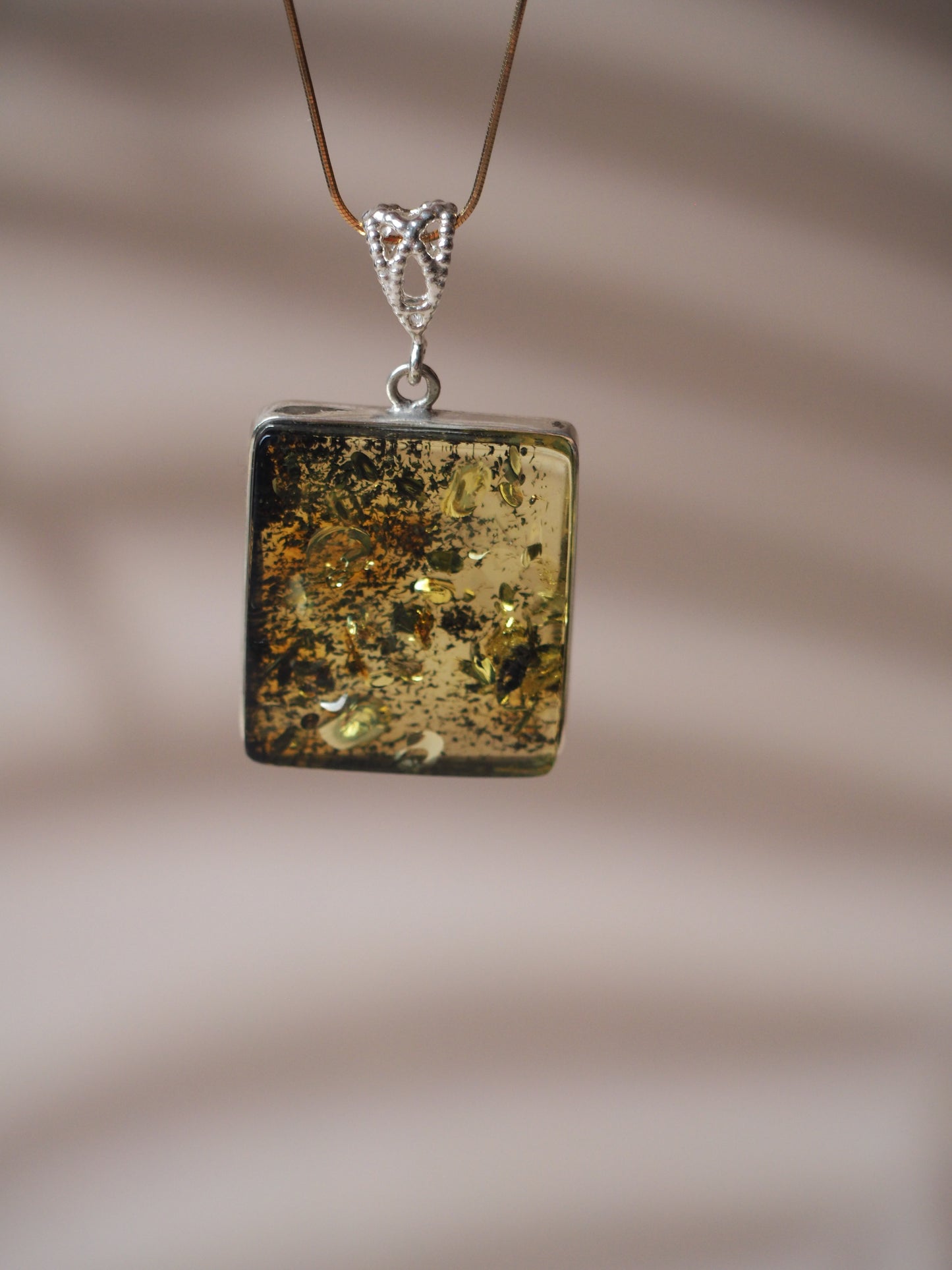 Green Raw Amber Square Pendant with Silver 925
