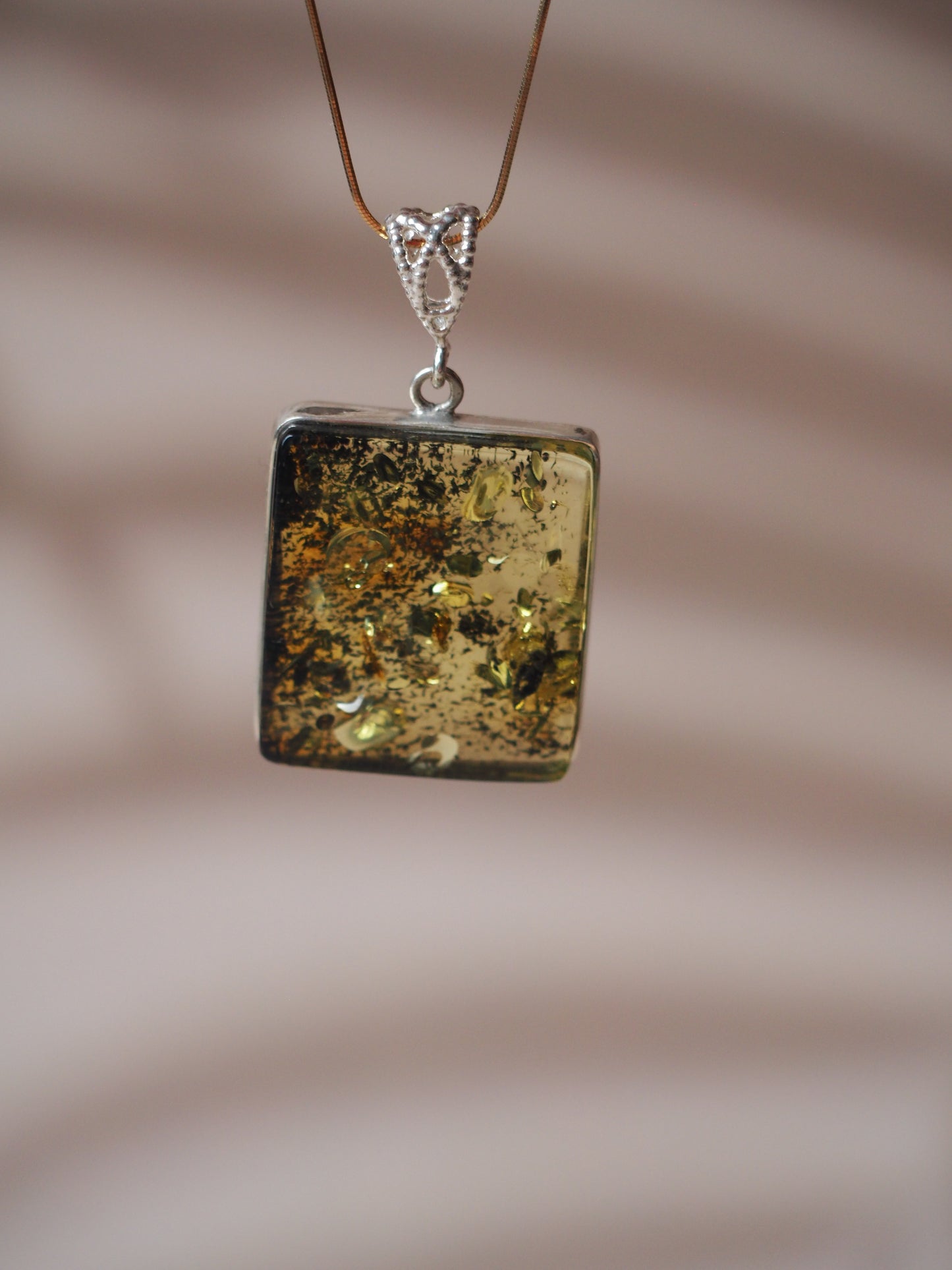 Green Raw Amber Square Pendant with Silver 925