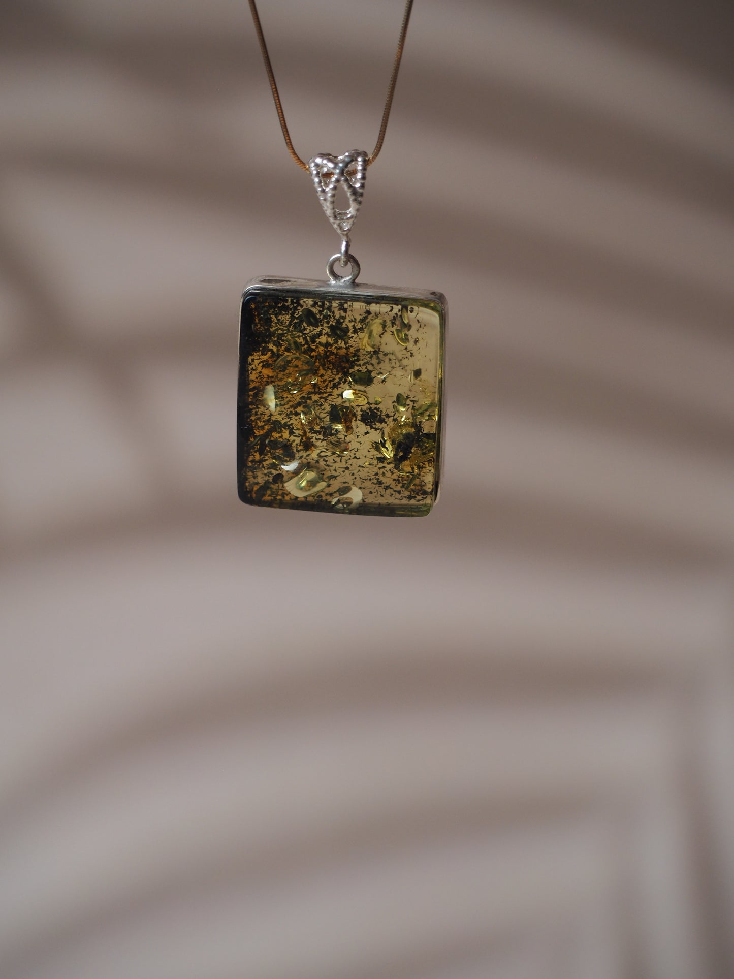 Green Raw Amber Square Pendant with Silver 925