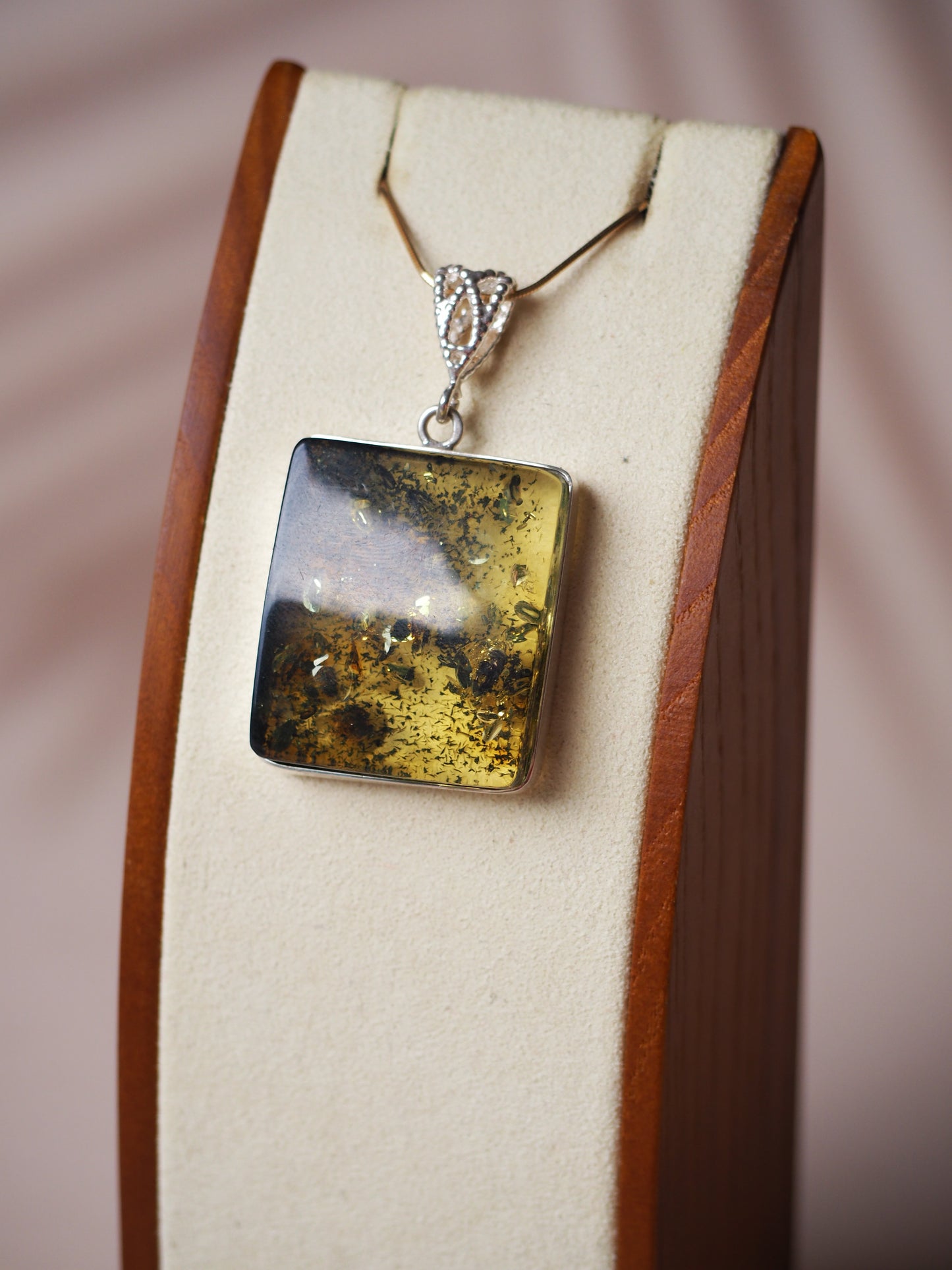 Green Raw Amber Square Pendant with Silver 925