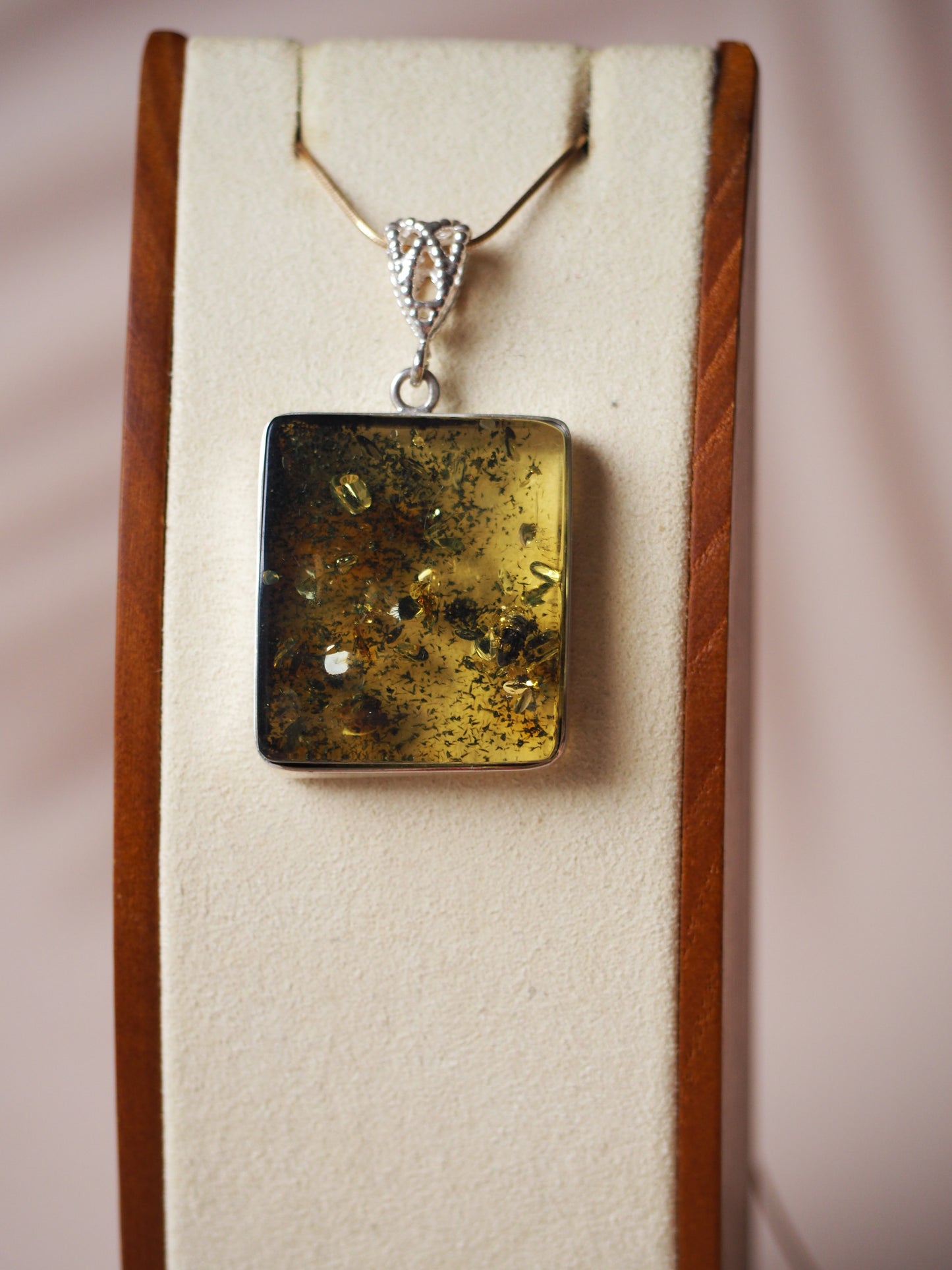 Green Raw Amber Square Pendant with Silver 925