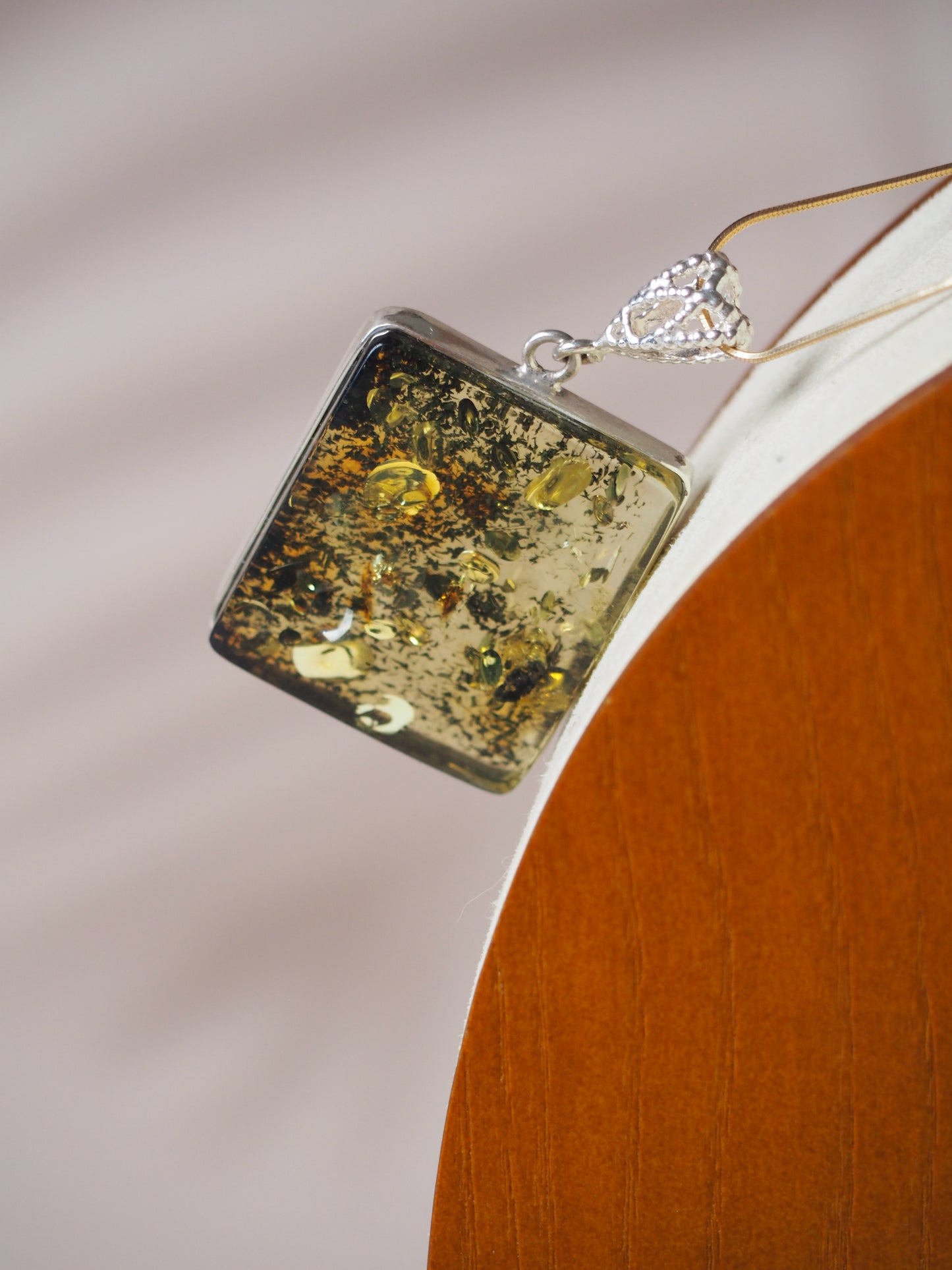 Green Raw Amber Square Pendant with Silver 925